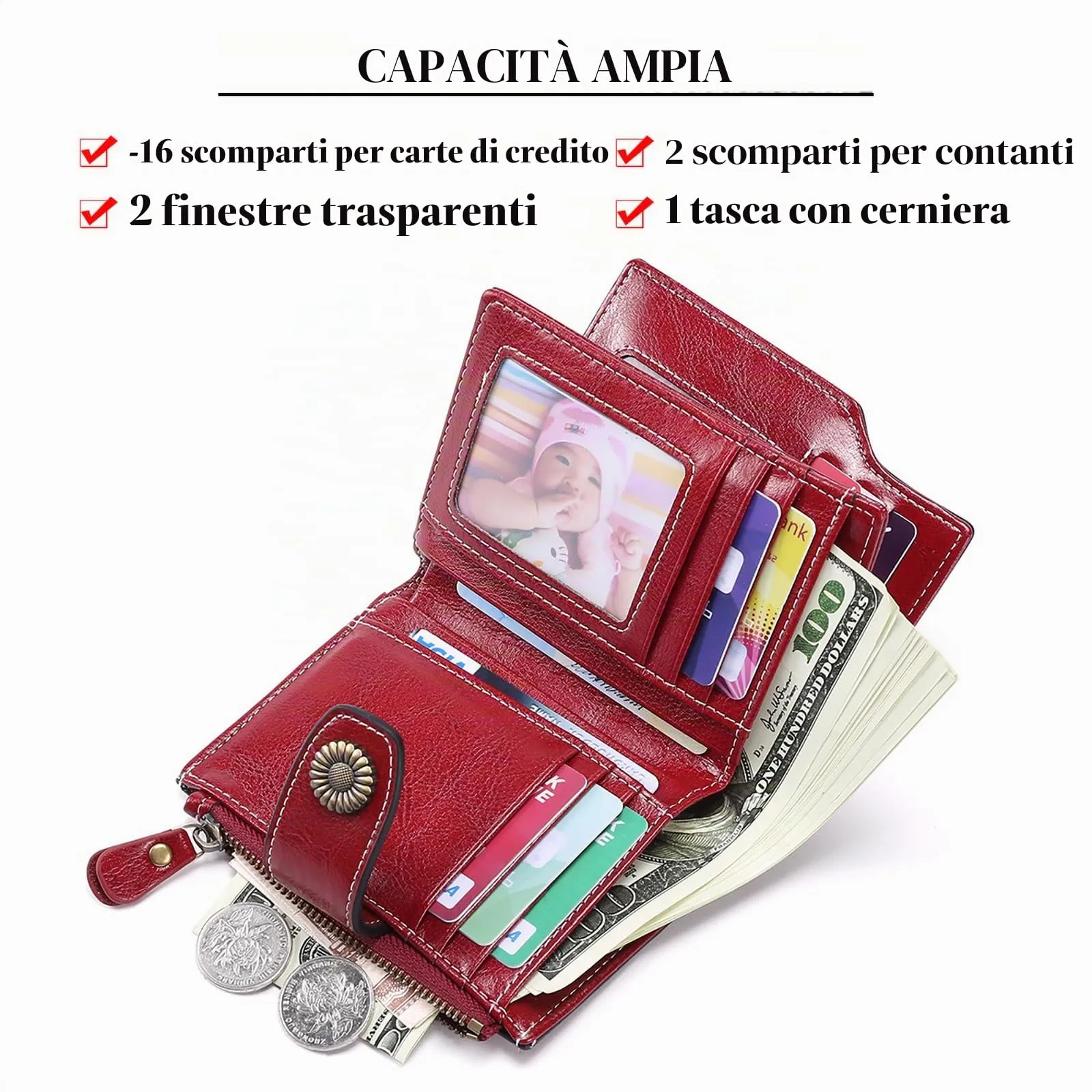 SENDEFN Portafoglio Donna Pelle con Bloccaggio RFID Piccolo Portamonete Donna, 10 Scomparti per Carte con 2 Finestra di Identificazione e 1 Tasca con Cerniera - immagine 2