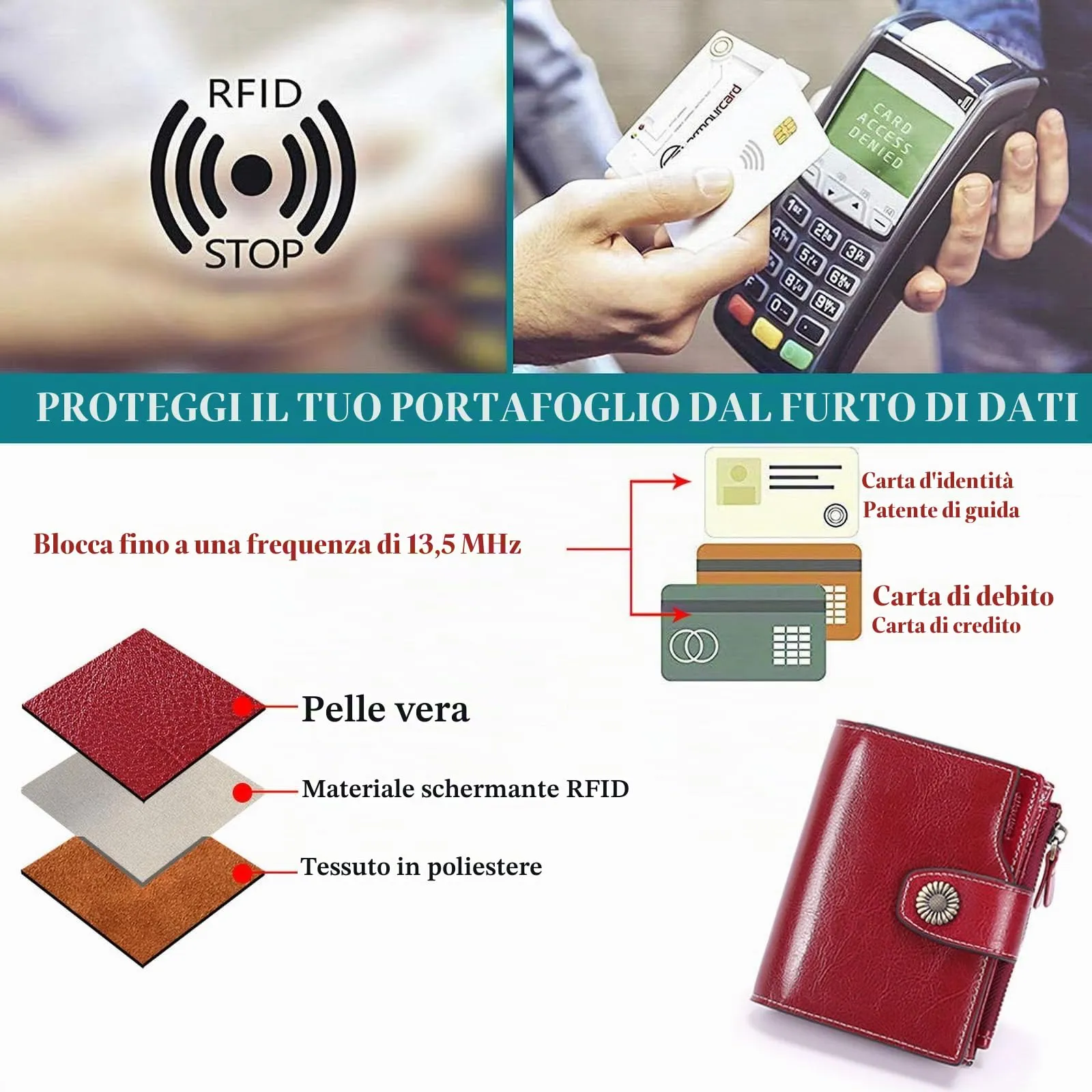 SENDEFN Portafoglio Donna Pelle con Bloccaggio RFID Piccolo Portamonete Donna, 10 Scomparti per Carte con 2 Finestra di Identificazione e 1 Tasca con Cerniera - immagine 5