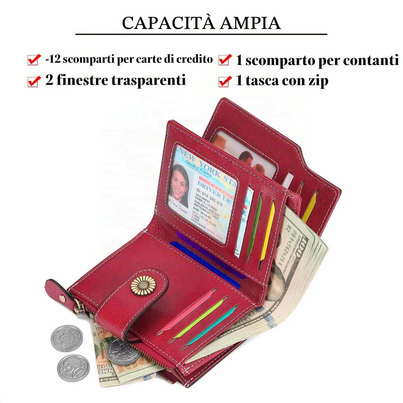 SENDEFN Portafoglio Donna Pelle con Bloccaggio RFID Piccolo Portamonete Donna, 10 Scomparti per Carte con 2 Finestra di Identificazione e 1 Tasca con Cerniera - immagine 6