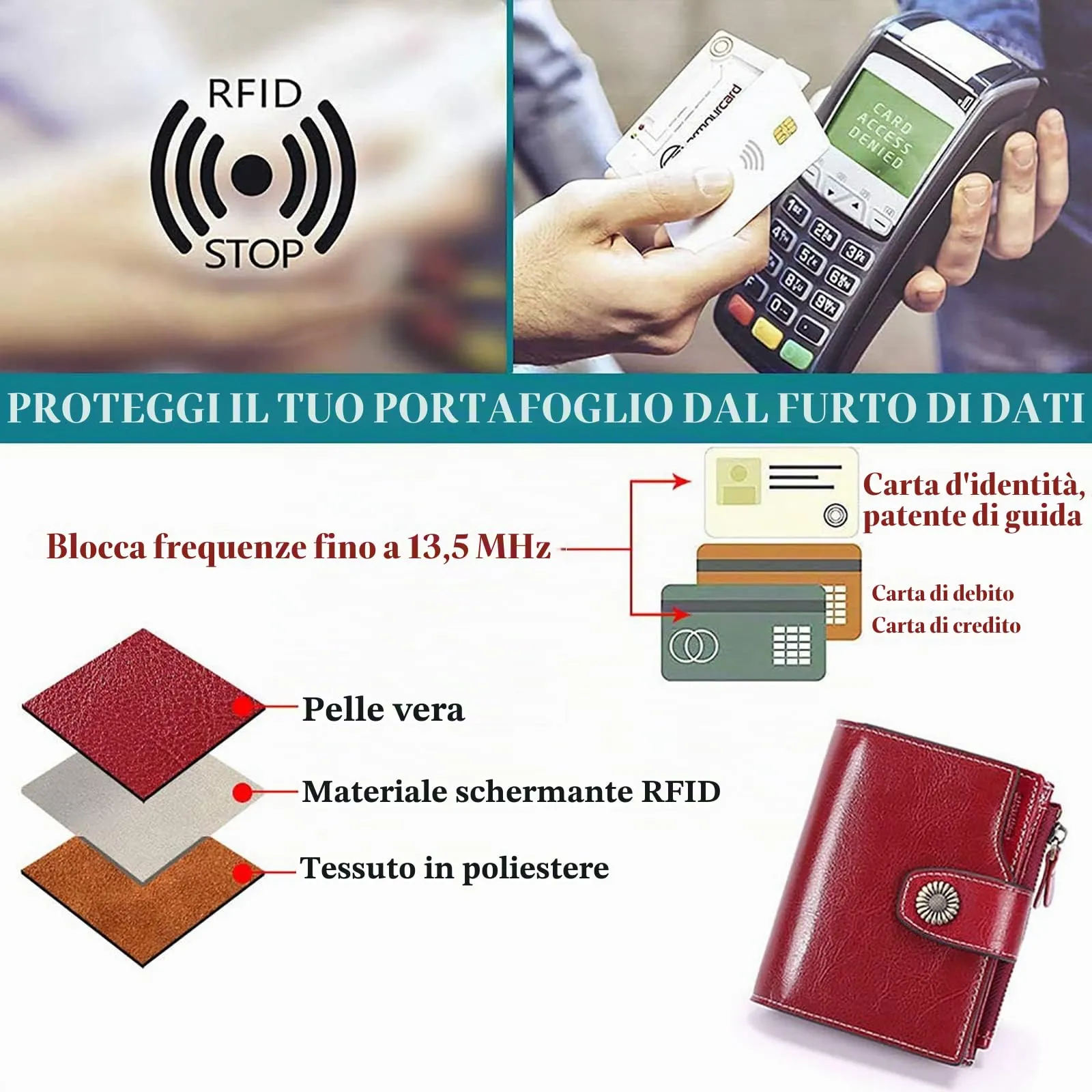 SENDEFN Portafoglio Donna Pelle con Bloccaggio RFID Piccolo Portamonete Donna, 10 Scomparti per Carte con 2 Finestra di Identificazione e 1 Tasca con Cerniera - immagine 9
