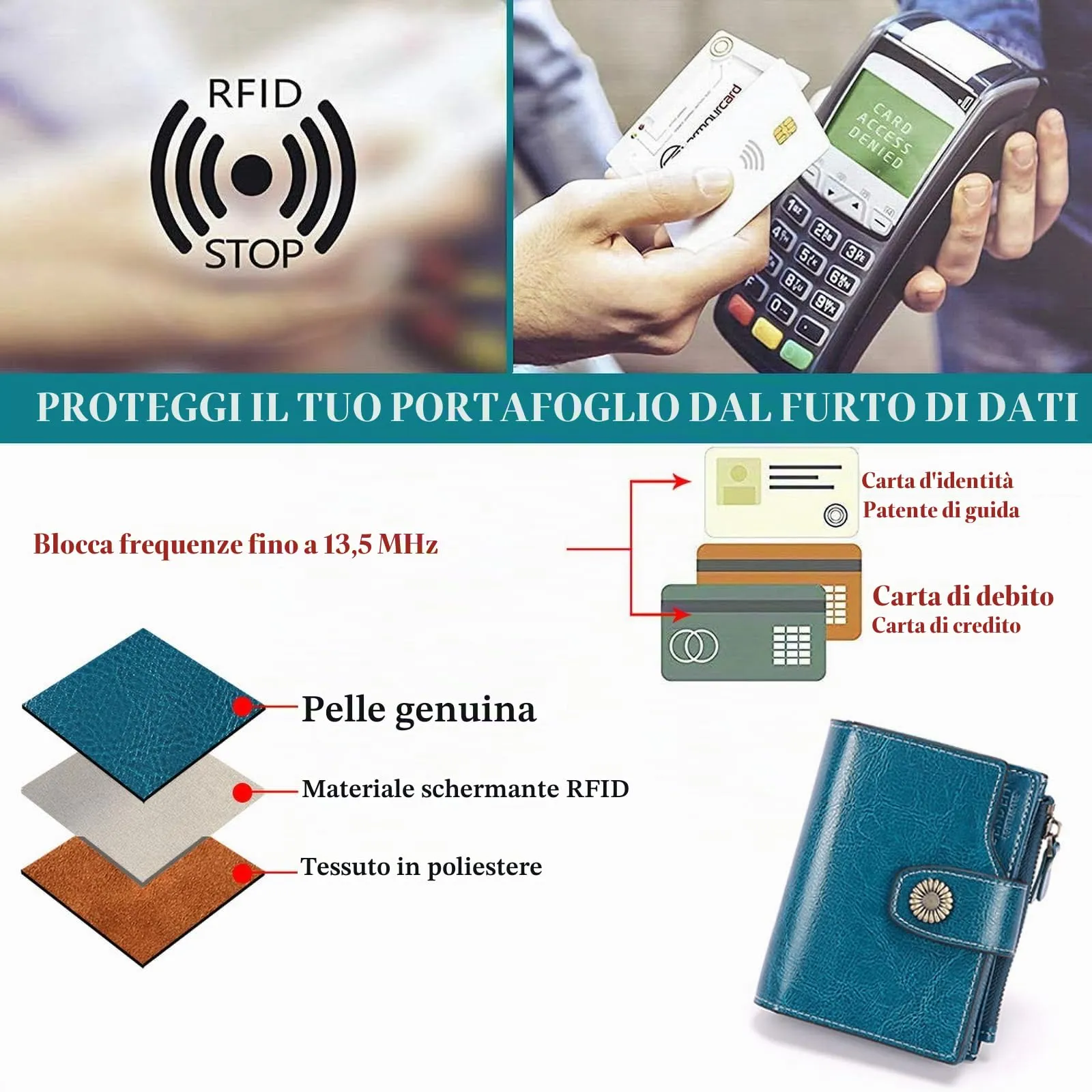 SENDEFN Portafoglio Donna Pelle con Bloccaggio RFID Piccolo Portamonete Donna, 10 Scomparti per Carte con 2 Finestra di Identificazione e 1 Tasca con Cerniera - immagine 4