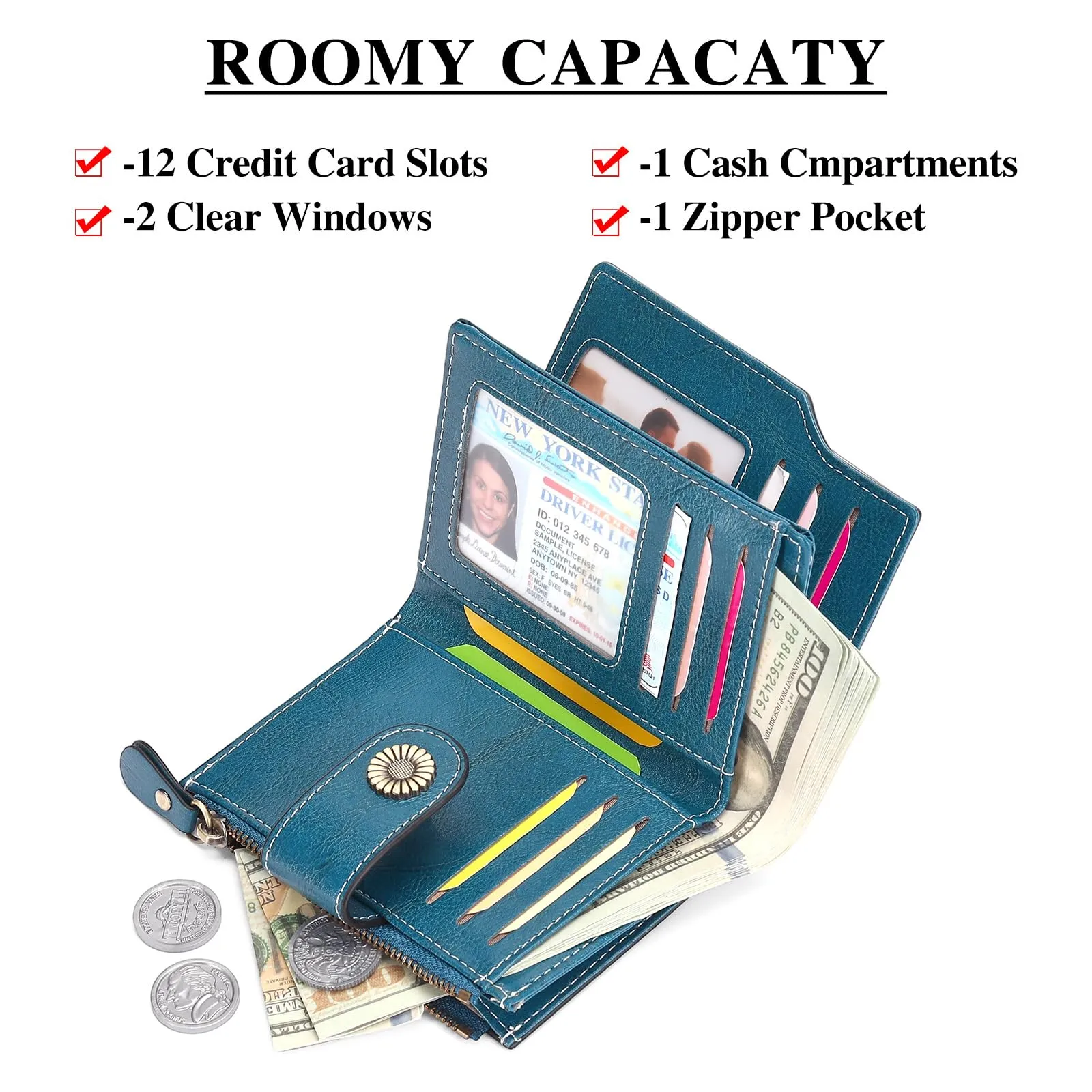 SENDEFN Portafoglio Donna Pelle con Bloccaggio RFID Piccolo Portamonete Donna, 10 Scomparti per Carte con 2 Finestra di Identificazione e 1 Tasca con Cerniera - immagine 5