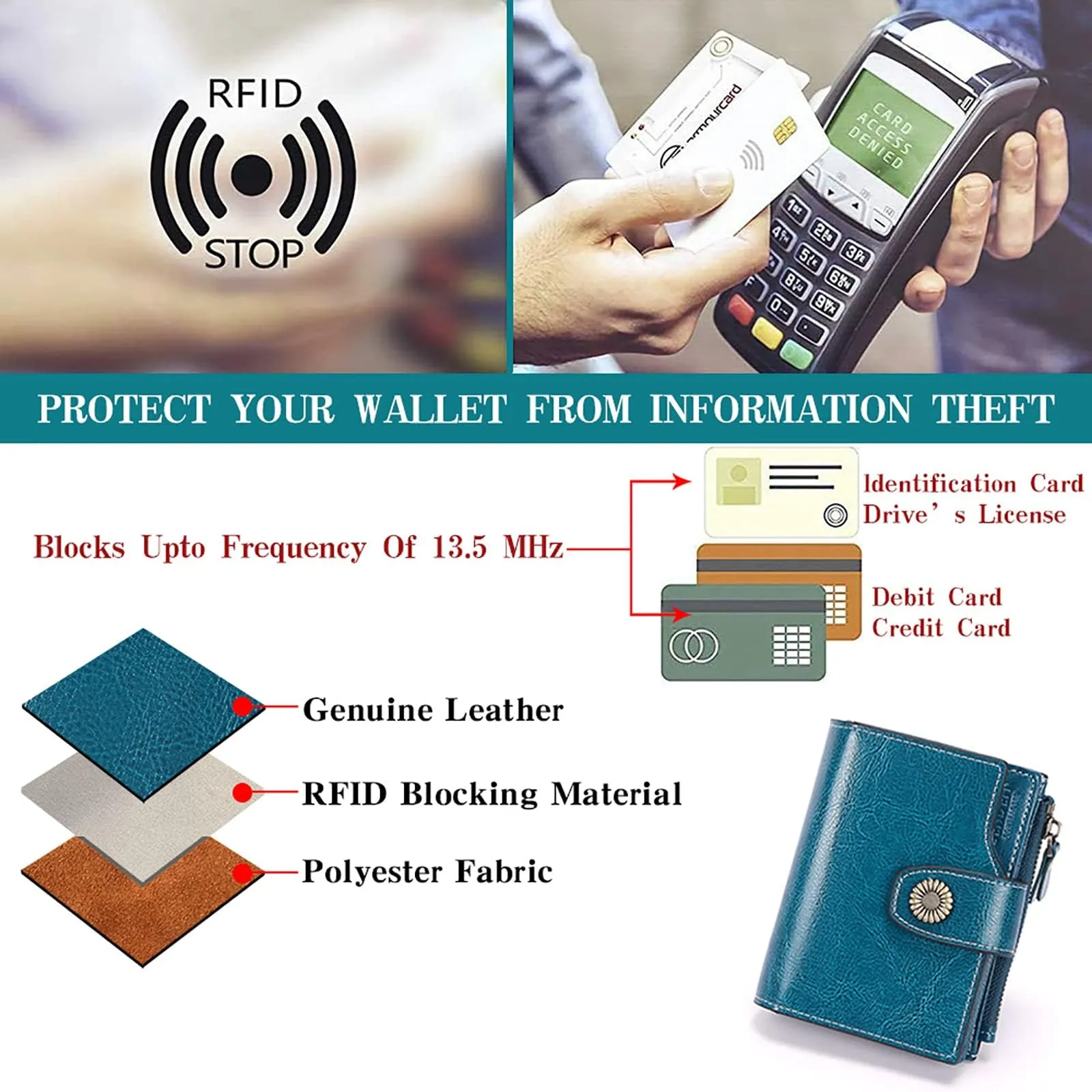 SENDEFN Portafoglio Donna Pelle con Bloccaggio RFID Piccolo Portamonete Donna, 10 Scomparti per Carte con 2 Finestra di Identificazione e 1 Tasca con Cerniera - immagine 8
