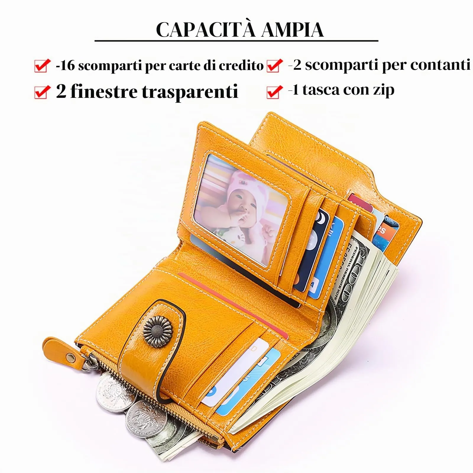 SENDEFN Portafoglio Donna Pelle con Bloccaggio RFID Piccolo Portamonete Donna, 10 Scomparti per Carte con 2 Finestra di Identificazione e 1 Tasca con Cerniera - immagine 2