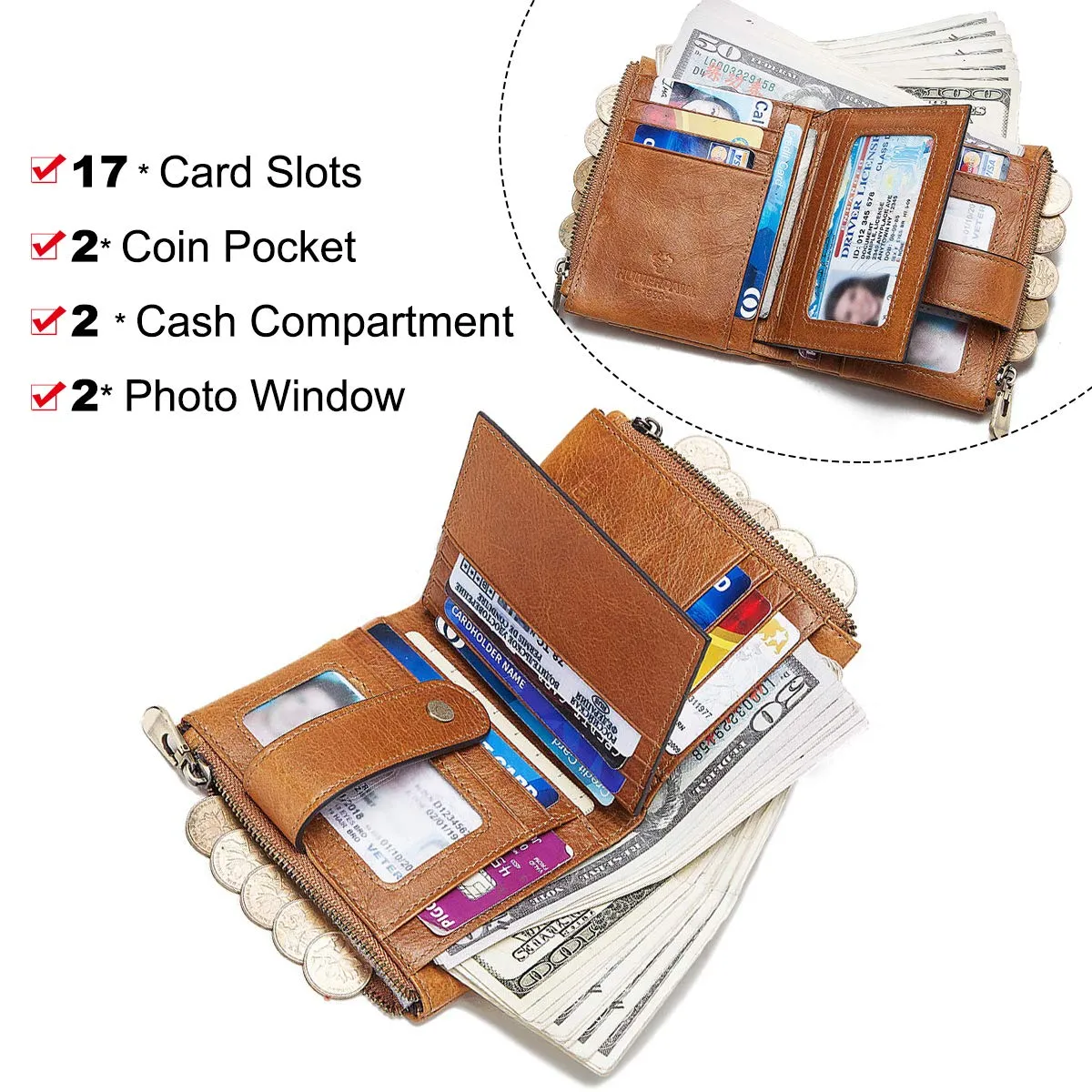 REETEE Portafoglio Uomo Blocco RFID Vera Pelle Piccolo Portafogli con Catena, Cerniera Portafoglio con 19 Porta Carte di Credito e Tasca Portamonete, Portafoglio con Confezione Regalo - immagine 3