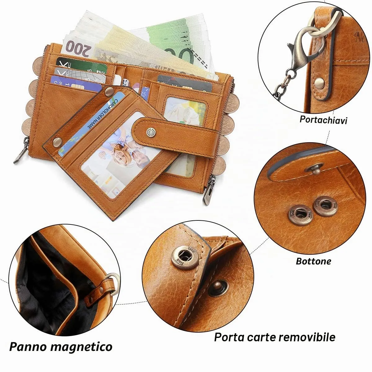 REETEE Portafoglio Uomo Blocco RFID Vera Pelle Piccolo Portafogli con Catena, Cerniera Portafoglio con 19 Porta Carte di Credito e Tasca Portamonete, Portafoglio con Confezione Regalo - immagine 5