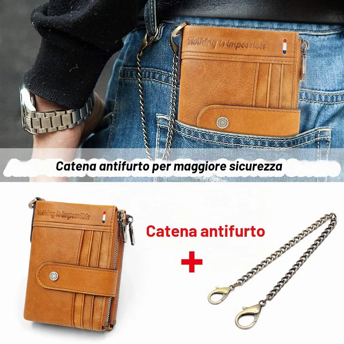 REETEE Portafoglio Uomo Blocco RFID Vera Pelle Piccolo Portafogli con Catena, Cerniera Portafoglio con 19 Porta Carte di Credito e Tasca Portamonete, Portafoglio con Confezione Regalo - immagine 6