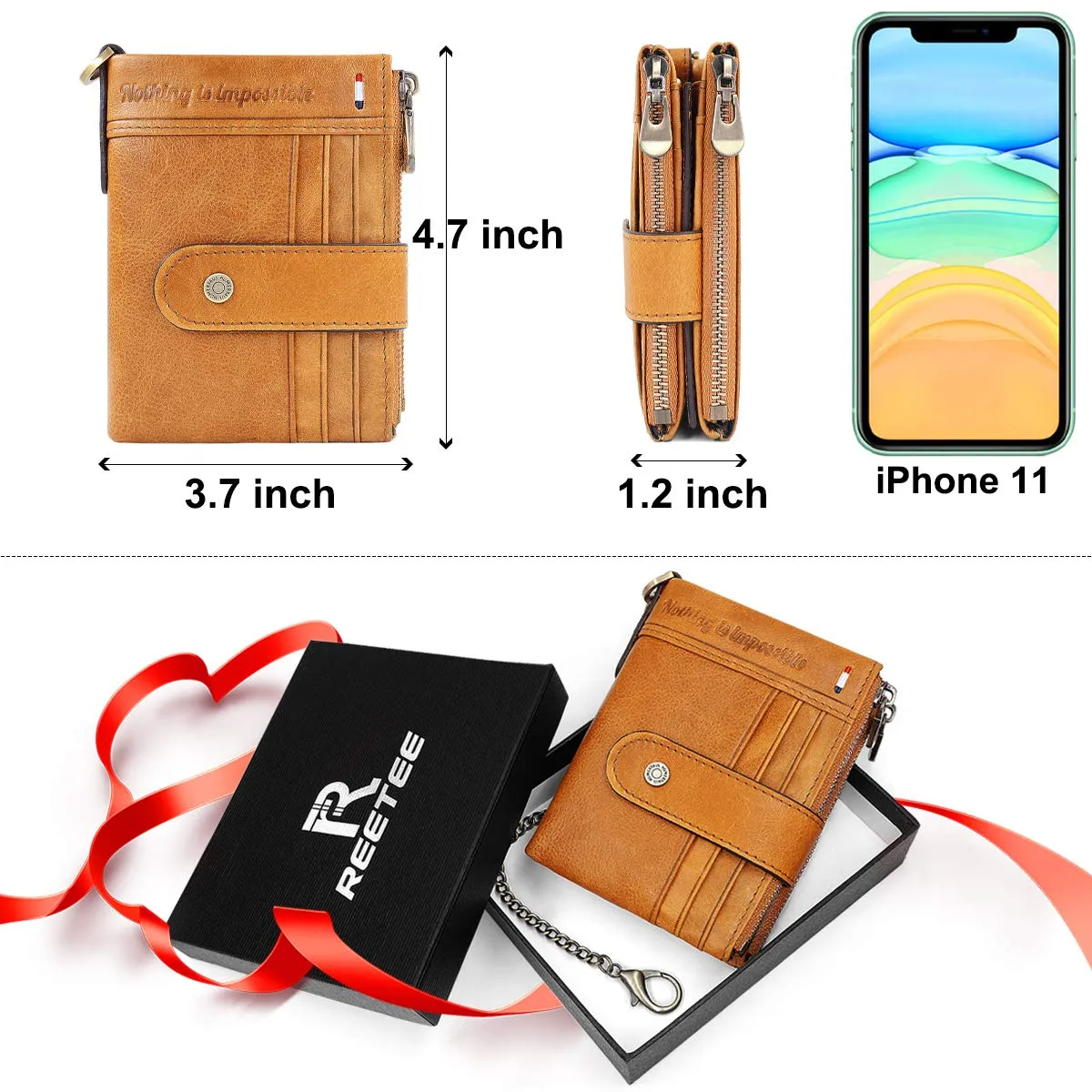 REETEE Portafoglio Uomo Blocco RFID Vera Pelle Piccolo Portafogli con Catena, Cerniera Portafoglio con 19 Porta Carte di Credito e Tasca Portamonete, Portafoglio con Confezione Regalo - immagine 7