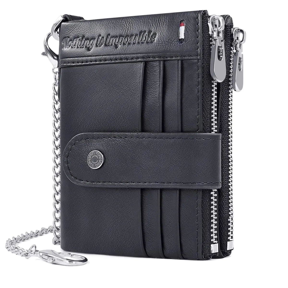 REETEE Portafoglio Uomo Blocco RFID Vera Pelle Piccolo Portafogli con Catena, Cerniera Portafoglio con 19 Porta Carte di Credito e Tasca Portamonete, Portafoglio con Confezione Regalo (nero) - immagine 1