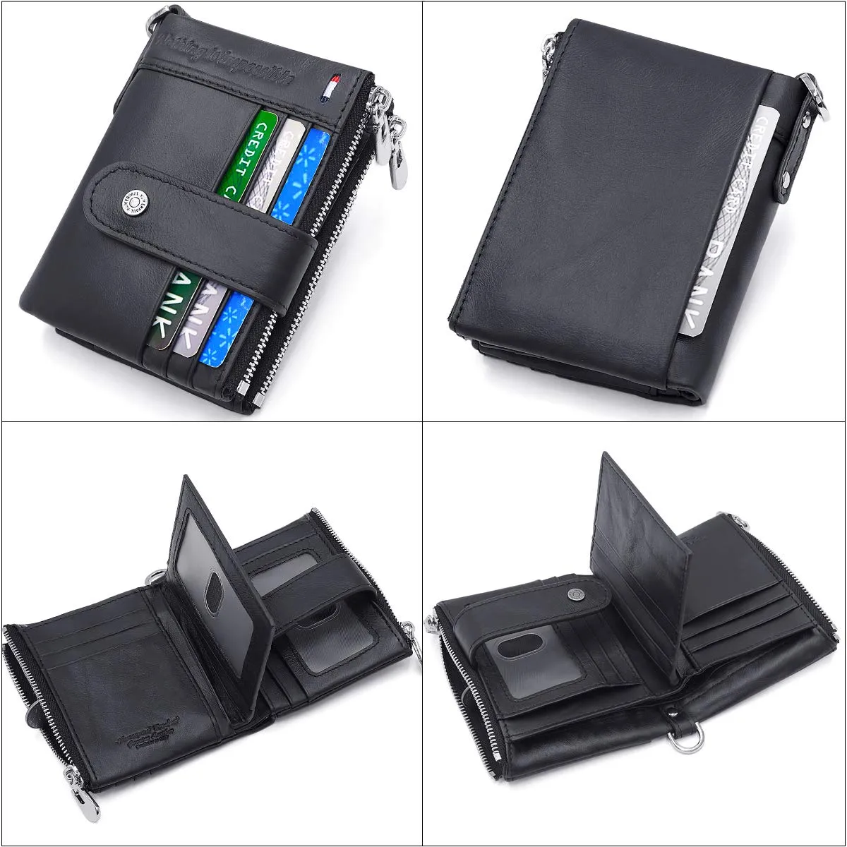 REETEE Portafoglio Uomo Blocco RFID Vera Pelle Piccolo Portafogli con Catena, Cerniera Portafoglio con 19 Porta Carte di Credito e Tasca Portamonete, Portafoglio con Confezione Regalo (nero) - immagine 2