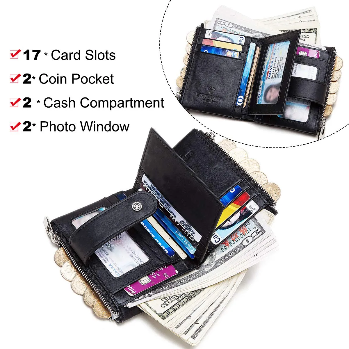 REETEE Portafoglio Uomo Blocco RFID Vera Pelle Piccolo Portafogli con Catena, Cerniera Portafoglio con 19 Porta Carte di Credito e Tasca Portamonete, Portafoglio con Confezione Regalo (nero) - immagine 3