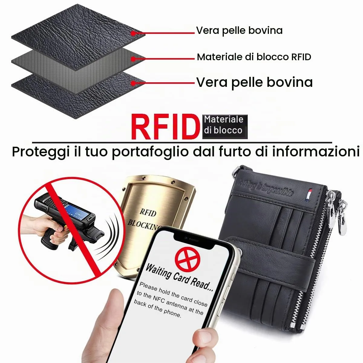 REETEE Portafoglio Uomo Blocco RFID Vera Pelle Piccolo Portafogli con Catena, Cerniera Portafoglio con 19 Porta Carte di Credito e Tasca Portamonete, Portafoglio con Confezione Regalo (nero) - immagine 4