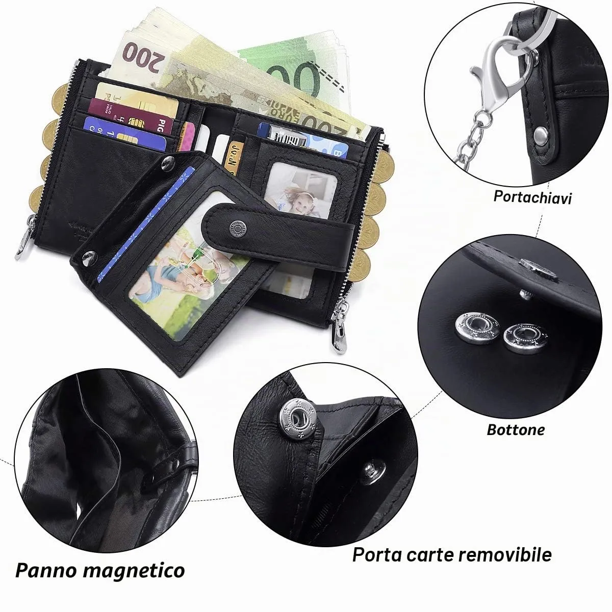 REETEE Portafoglio Uomo Blocco RFID Vera Pelle Piccolo Portafogli con Catena, Cerniera Portafoglio con 19 Porta Carte di Credito e Tasca Portamonete, Portafoglio con Confezione Regalo (nero) - immagine 5
