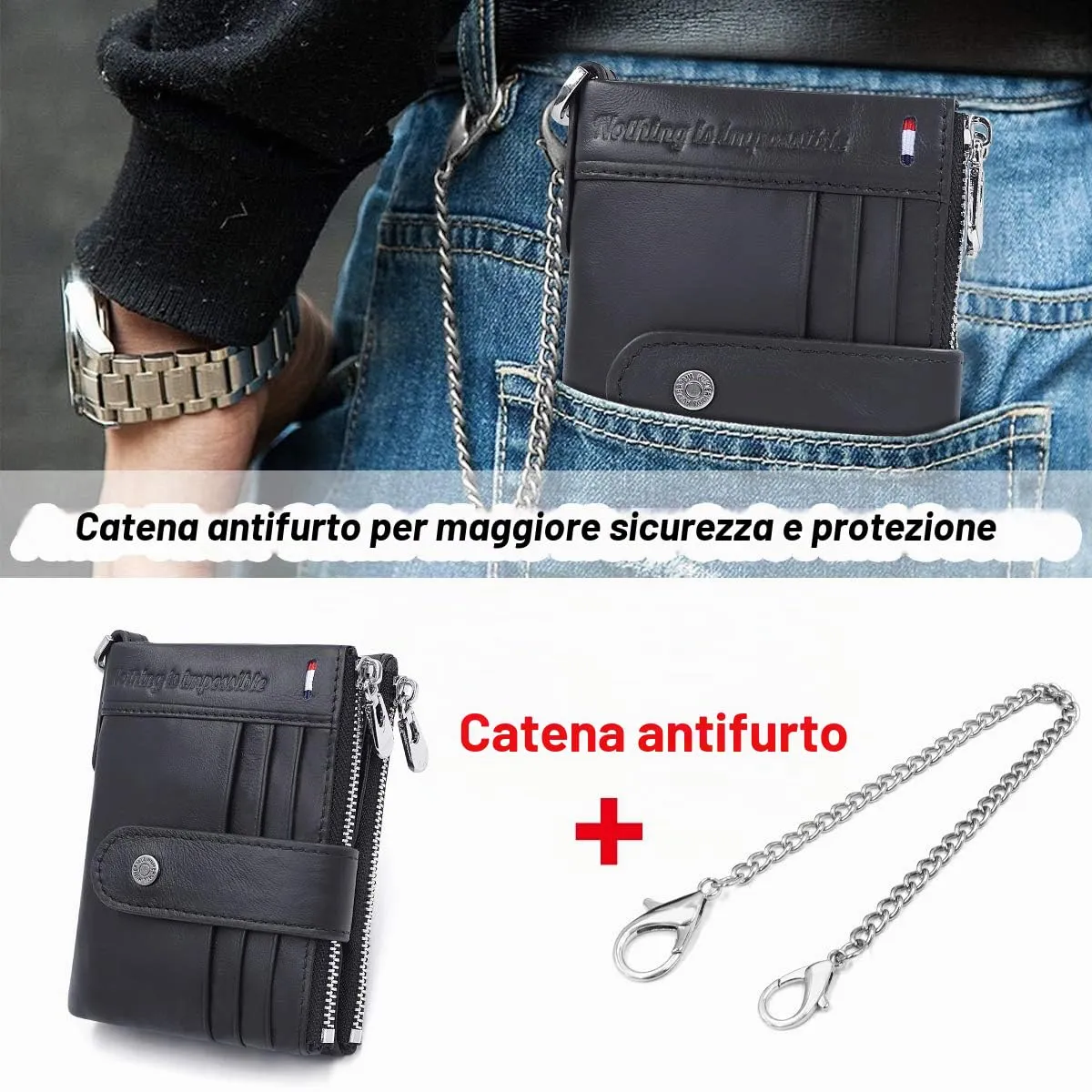 REETEE Portafoglio Uomo Blocco RFID Vera Pelle Piccolo Portafogli con Catena, Cerniera Portafoglio con 19 Porta Carte di Credito e Tasca Portamonete, Portafoglio con Confezione Regalo (nero) - immagine 6