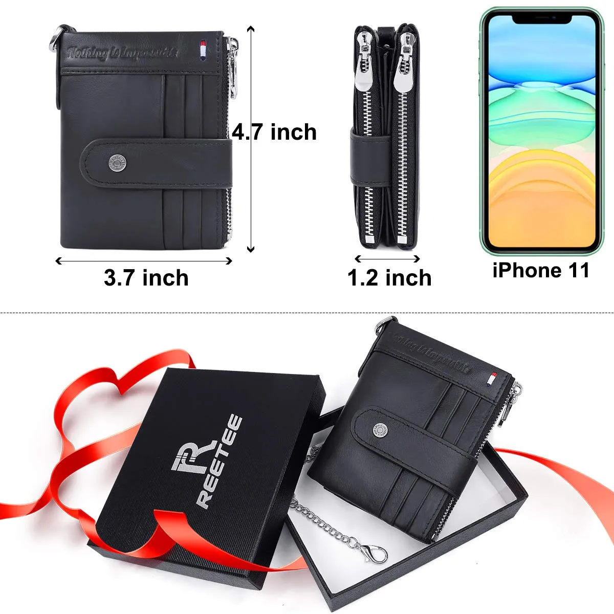 REETEE Portafoglio Uomo Blocco RFID Vera Pelle Piccolo Portafogli con Catena, Cerniera Portafoglio con 19 Porta Carte di Credito e Tasca Portamonete, Portafoglio con Confezione Regalo (nero) - immagine 7