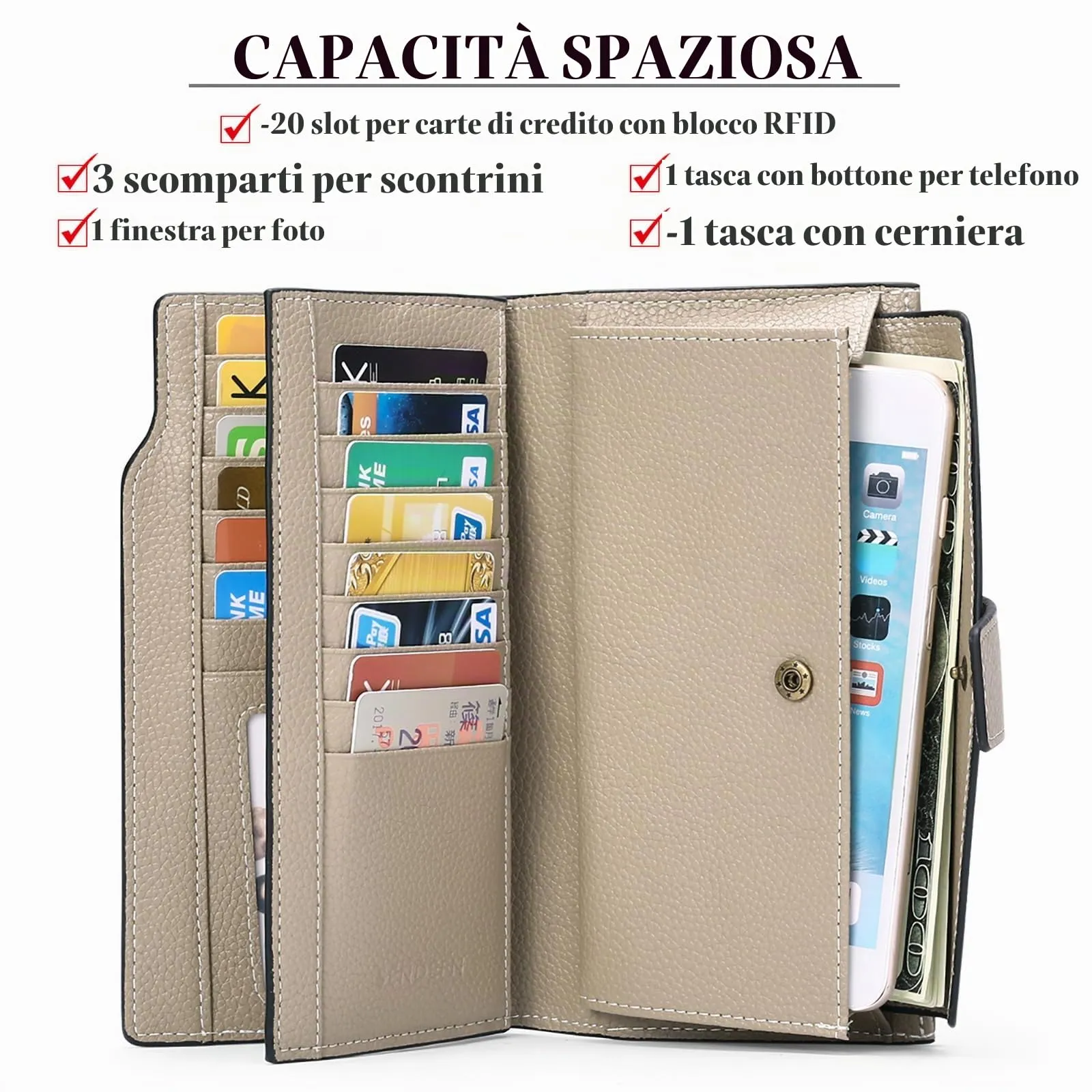 SENDEFN Portafoglio Donna Grande Capacità Pelle RFID Portamonete Donna,con 20 Titolari di Carta Cerniera Portafoglio - immagine 2
