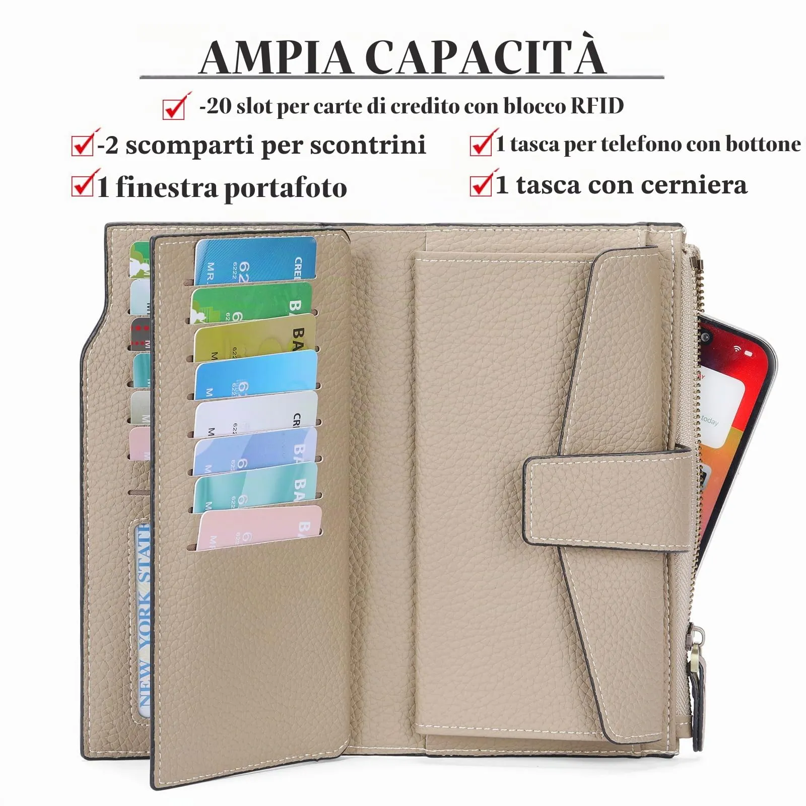 SENDEFN Portafoglio Donna Grande Capacità Pelle RFID Portamonete Donna,con 20 Titolari di Carta Cerniera Portafoglio - immagine 6