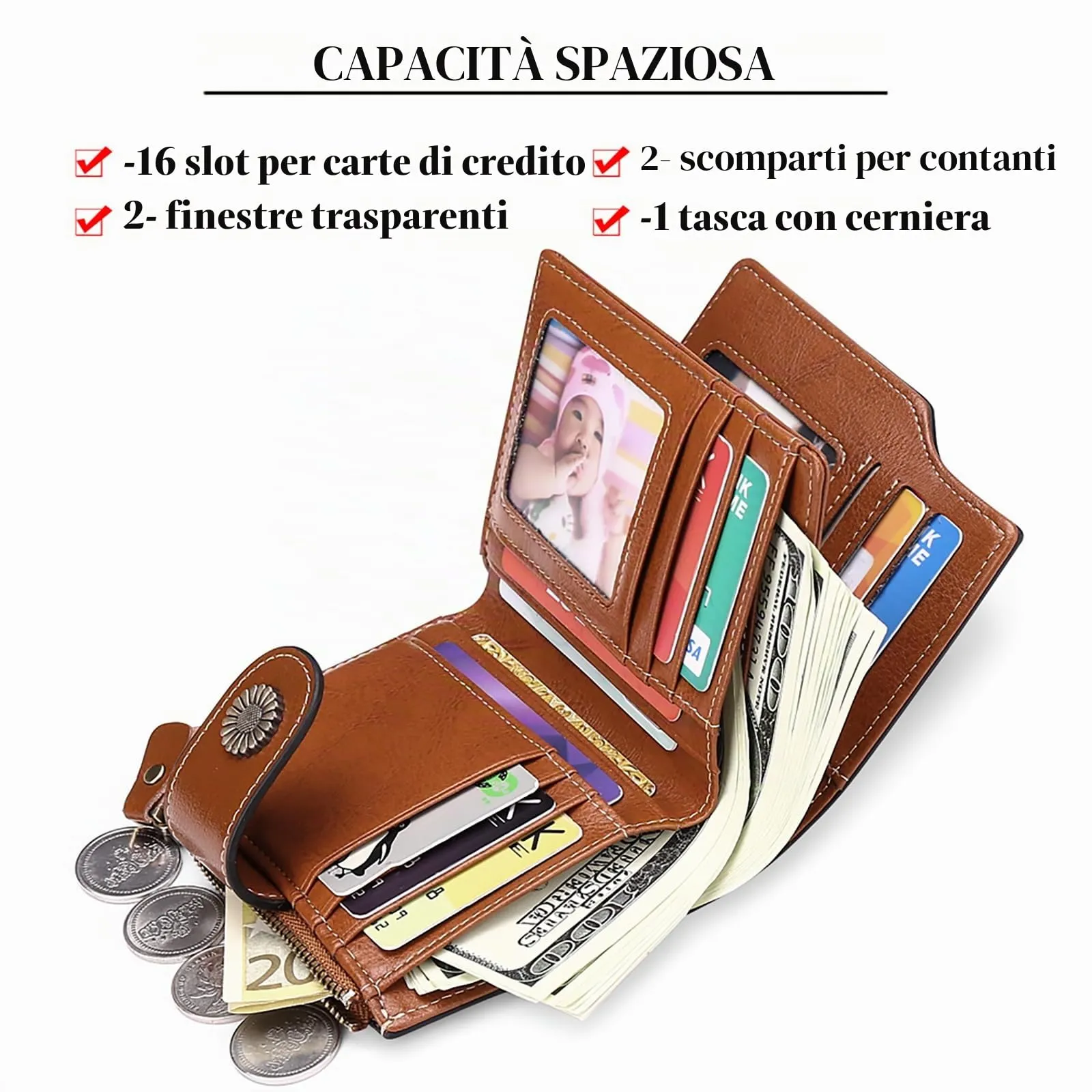 SENDEFN Portafoglio Donna Pelle con Bloccaggio RFID Piccolo Portamonete Donna, 10 Scomparti per Carte con 2 Finestra di Identificazione e 1 Tasca con Cerniera - immagine 2