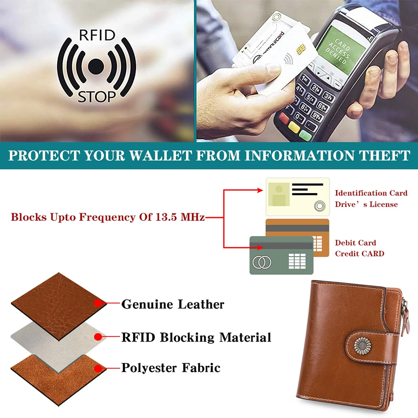 SENDEFN Portafoglio Donna Pelle con Bloccaggio RFID Piccolo Portamonete Donna, 10 Scomparti per Carte con 2 Finestra di Identificazione e 1 Tasca con Cerniera - immagine 5