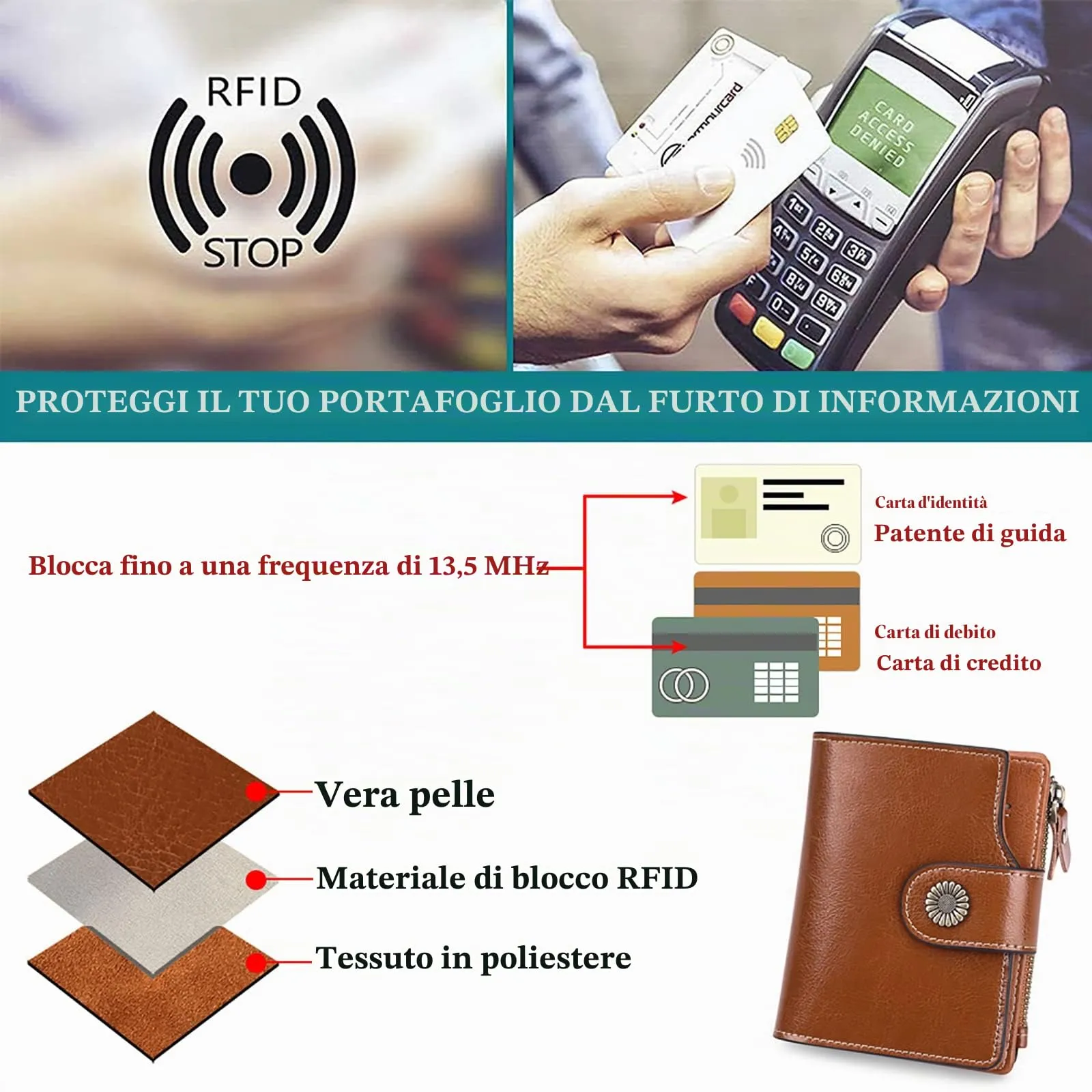 SENDEFN Portafoglio Donna Pelle con Bloccaggio RFID Piccolo Portamonete Donna, 10 Scomparti per Carte con 2 Finestra di Identificazione e 1 Tasca con Cerniera - immagine 9