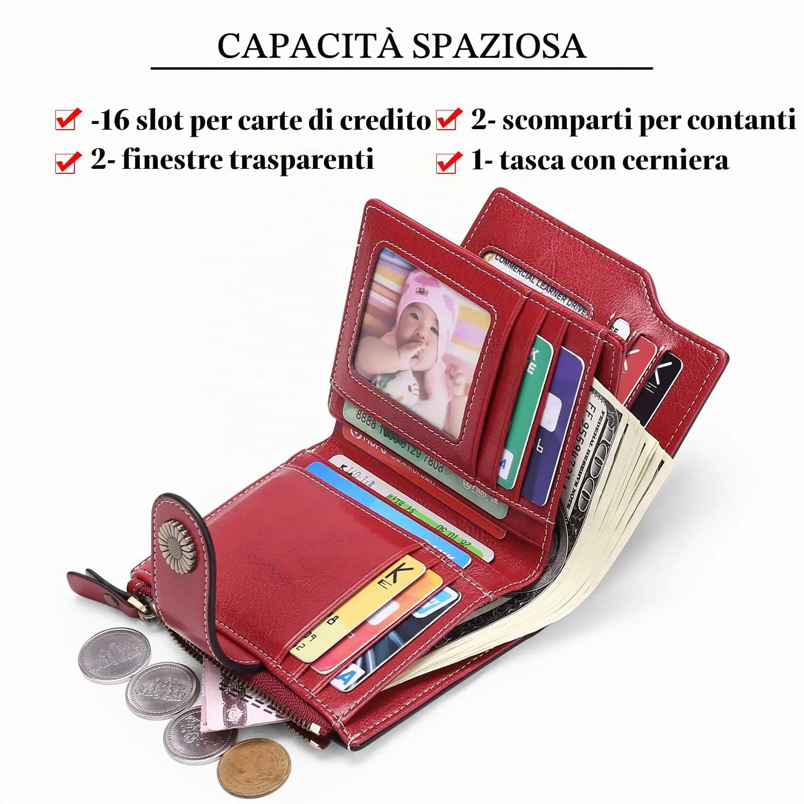 SENDEFN Portafoglio Donna Pelle con Bloccaggio RFID Piccolo Portamonete Donna, 10 Scomparti per Carte con 2 Finestra di Identificazione e 1 Tasca con Cerniera - immagine 2