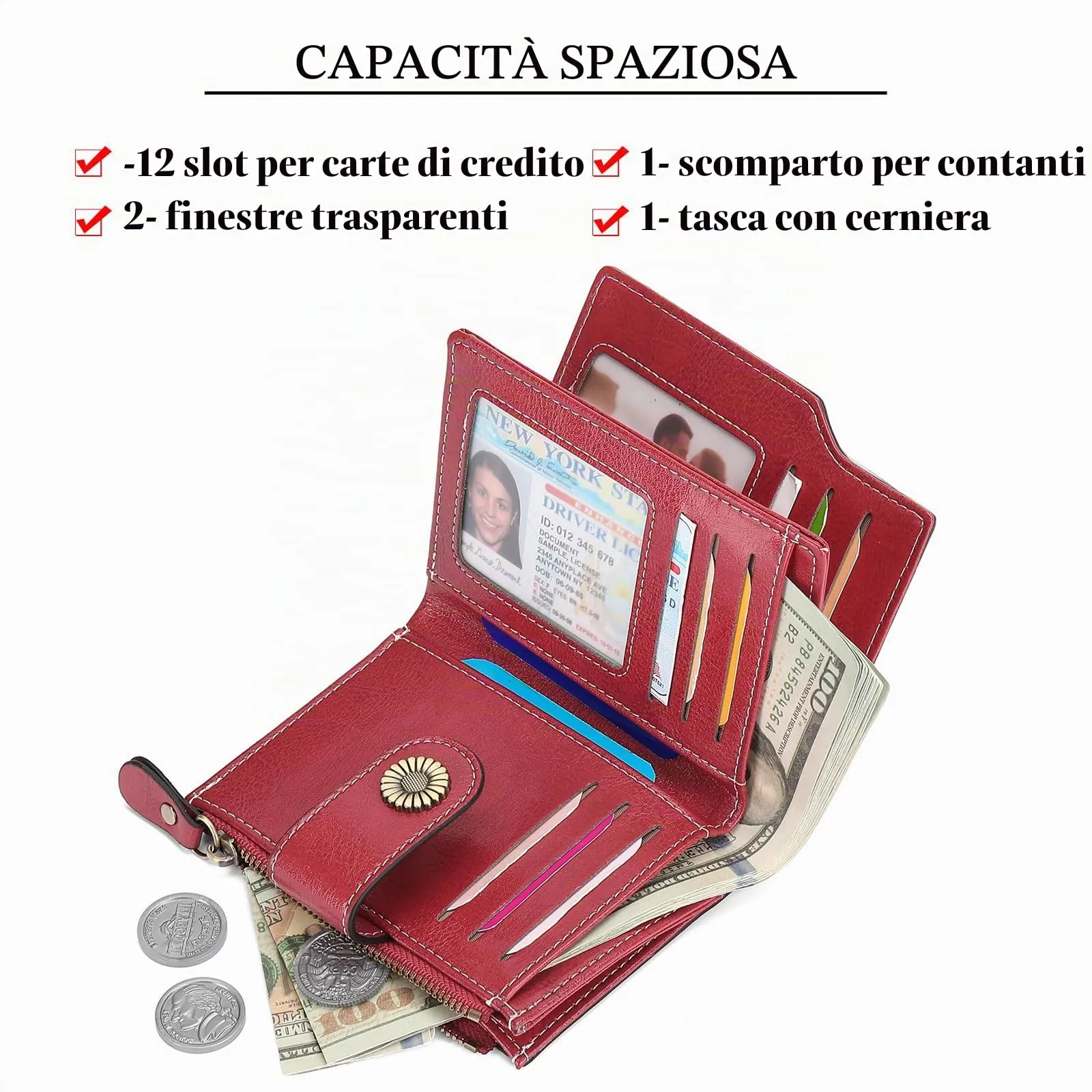 SENDEFN Portafoglio Donna Pelle con Bloccaggio RFID Piccolo Portamonete Donna, 10 Scomparti per Carte con 2 Finestra di Identificazione e 1 Tasca con Cerniera - immagine 5