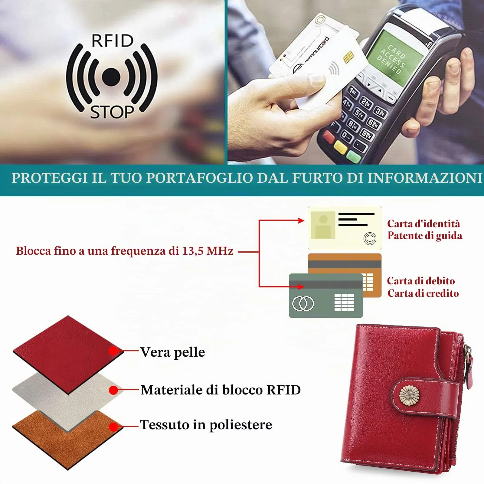 SENDEFN Portafoglio Donna Pelle con Bloccaggio RFID Piccolo Portamonete Donna, 10 Scomparti per Carte con 2 Finestra di Identificazione e 1 Tasca con Cerniera - immagine 8