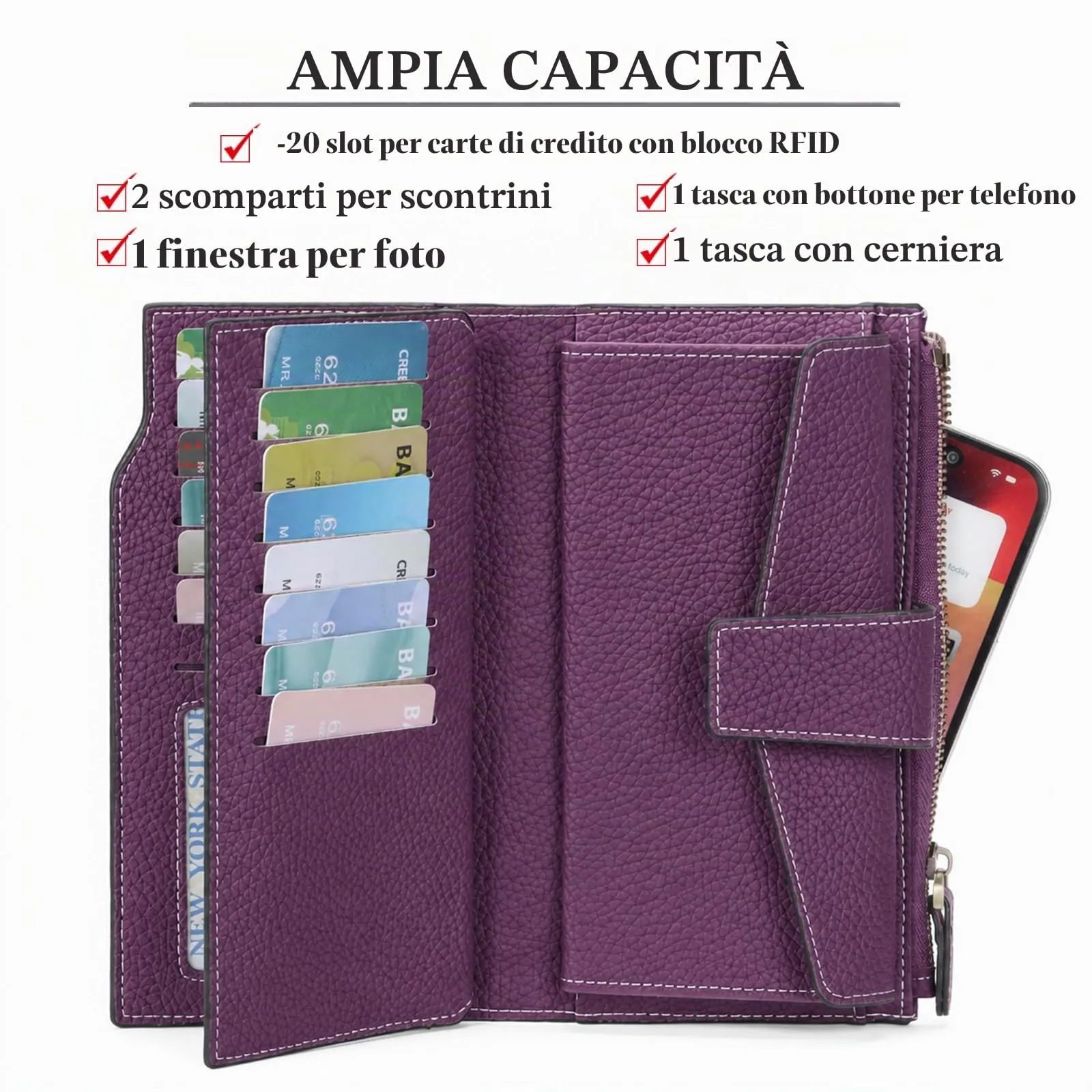 SENDEFN Portafoglio Donna Grande Capacità Pelle RFID Portamonete Donna,con 20 Titolari di Carta Cerniera Portafoglio - immagine 5