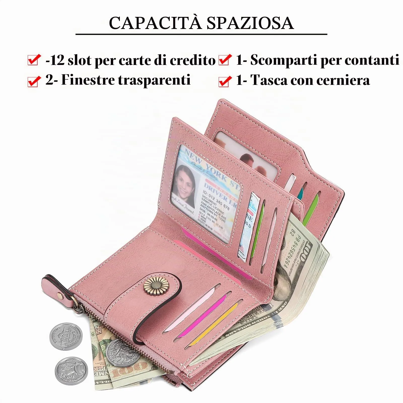 SENDEFN Portafoglio Donna Pelle con Bloccaggio RFID Piccolo Portamonete Donna, 10 Scomparti per Carte con 2 Finestra di Identificazione e 1 Tasca con Cerniera - immagine 5
