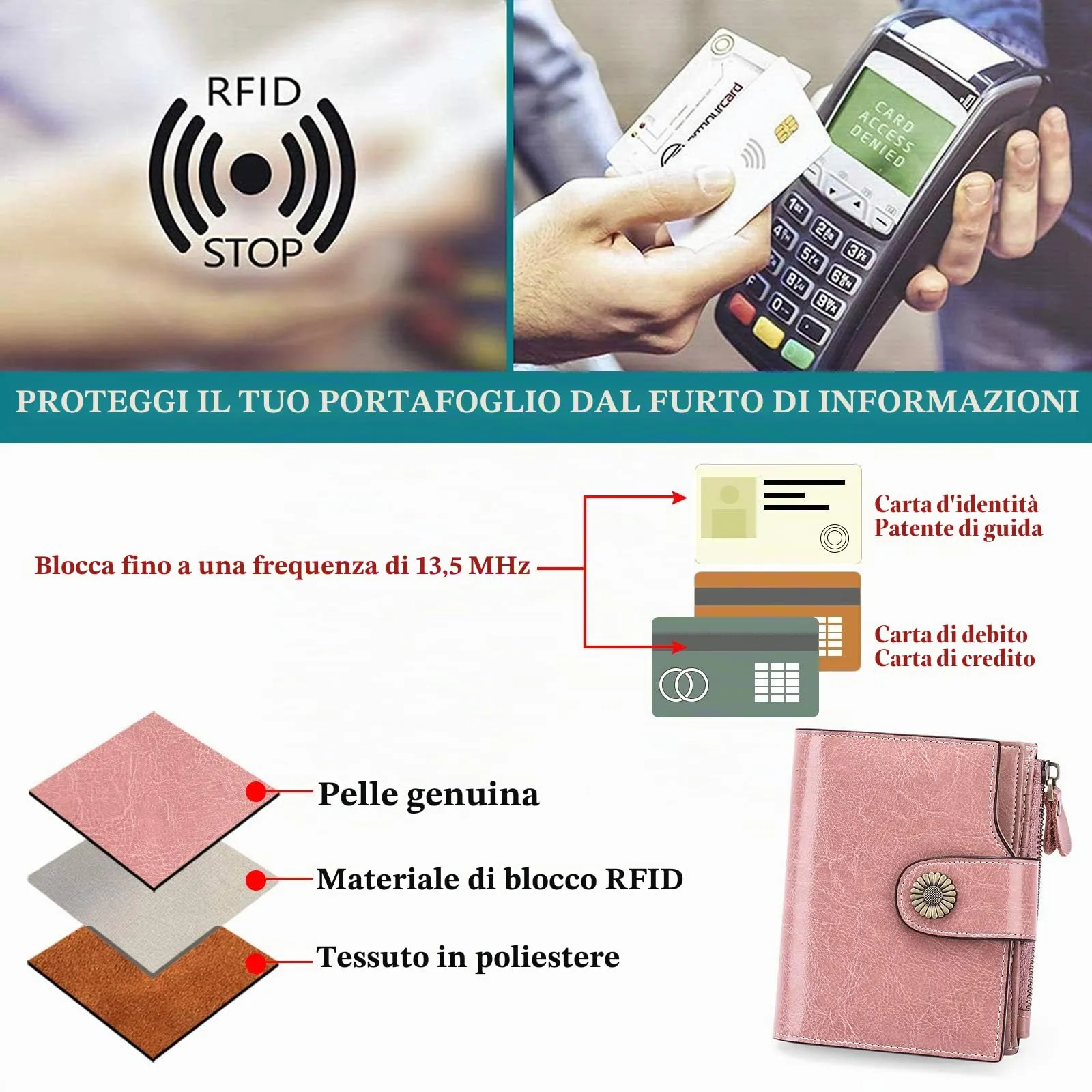 SENDEFN Portafoglio Donna Pelle con Bloccaggio RFID Piccolo Portamonete Donna, 10 Scomparti per Carte con 2 Finestra di Identificazione e 1 Tasca con Cerniera - immagine 8