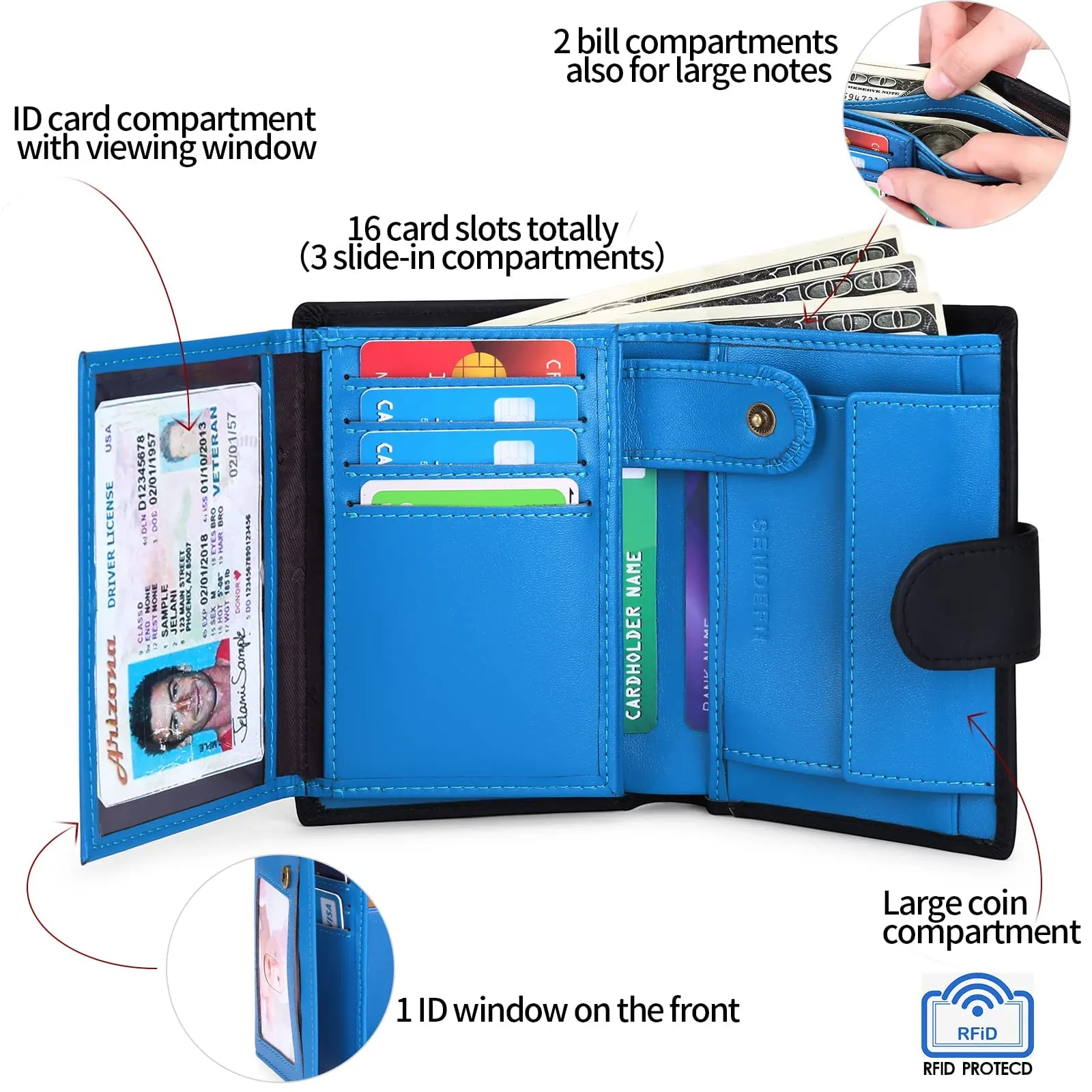 SENFEFN Portafoglio Uomo Trifold Pelle Vegana, Portafogli Uomo Blocco RFID con 18 Porta Carte di Credito, Tasca Portamonete, 2 Scomparti Banconote - immagine 4