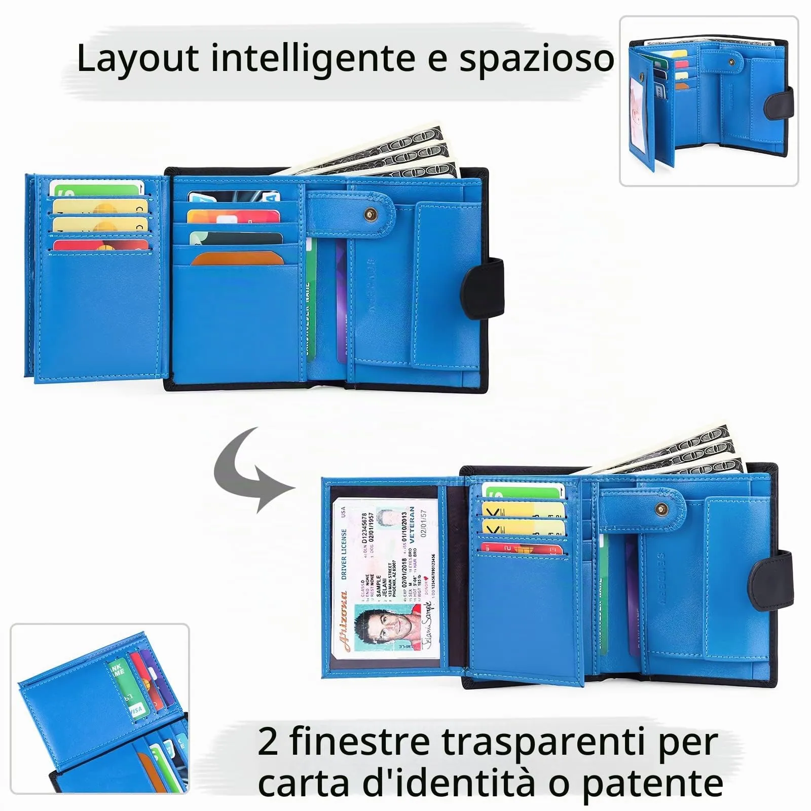 SENFEFN Portafoglio Uomo Trifold Pelle Vegana, Portafogli Uomo Blocco RFID con 18 Porta Carte di Credito, Tasca Portamonete, 2 Scomparti Banconote - immagine 5