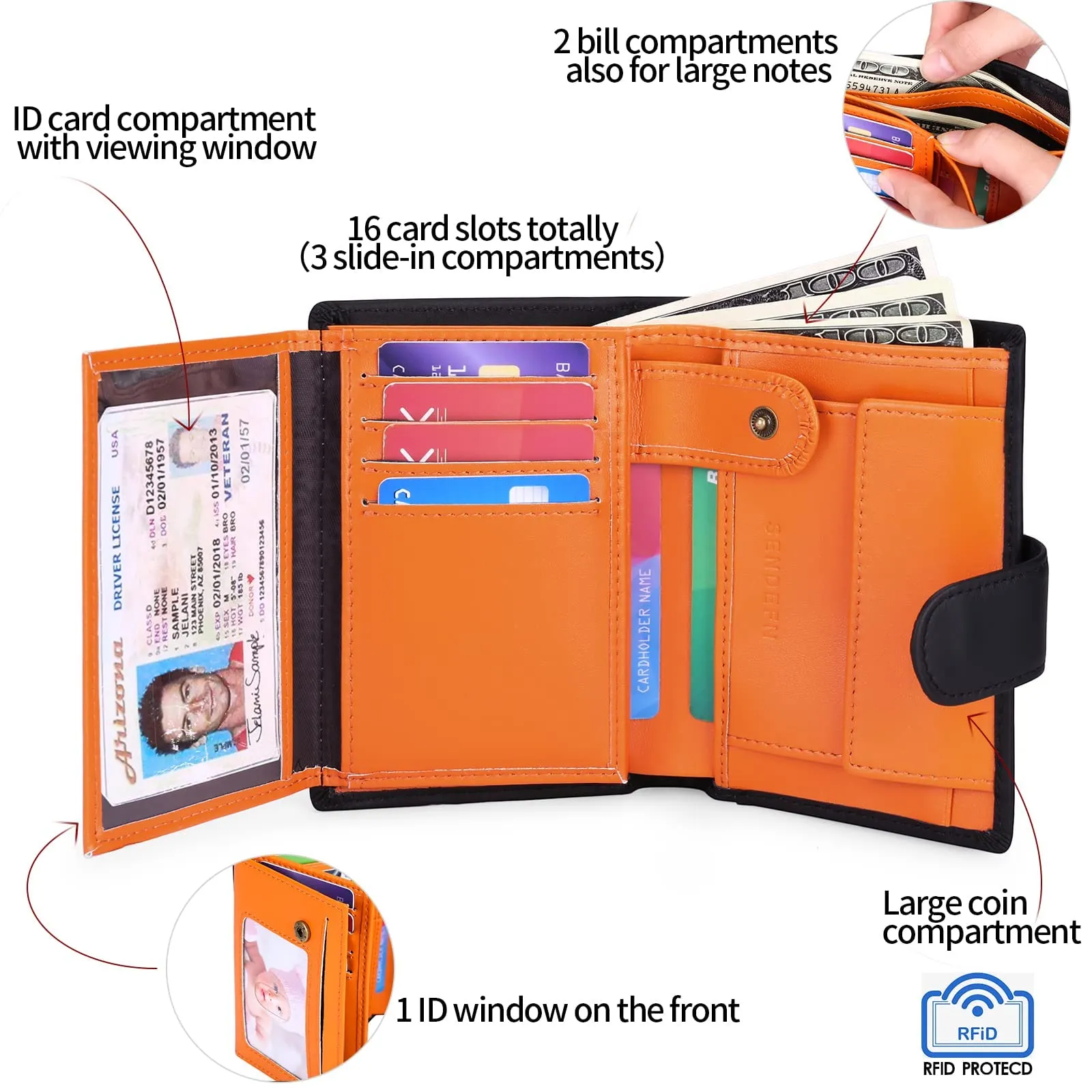 SENFEFN Portafoglio Uomo Trifold Pelle Vegana, Portafogli Uomo Blocco RFID con 18 Porta Carte di Credito, Tasca Portamonete, 2 Scomparti Banconote - immagine 4