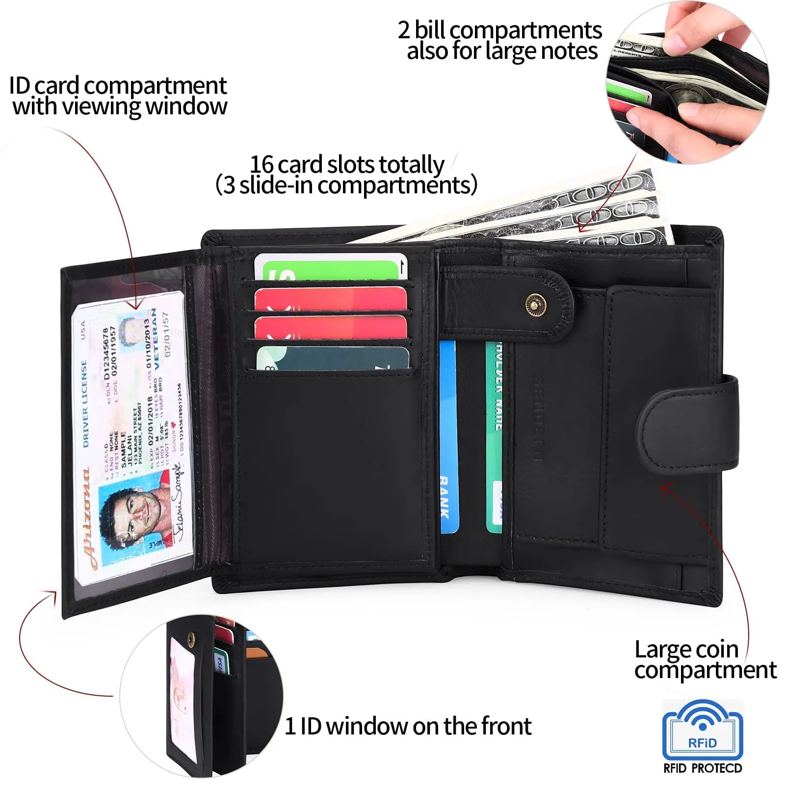 SENFEFN Portafoglio Uomo Trifold Pelle Vegana, Portafogli Uomo Blocco RFID con 18 Porta Carte di Credito, Tasca Portamonete, 2 Scomparti Banconote - immagine 4
