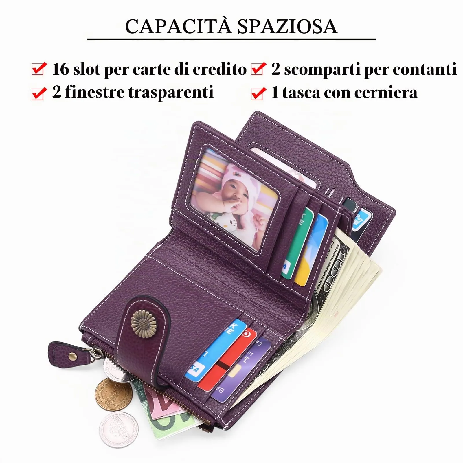 SENDEFN Portafoglio Donna Pelle con Bloccaggio RFID Piccolo Portamonete Donna, 10 Scomparti per Carte con 2 Finestra di Identificazione e 1 Tasca con Cerniera - immagine 2
