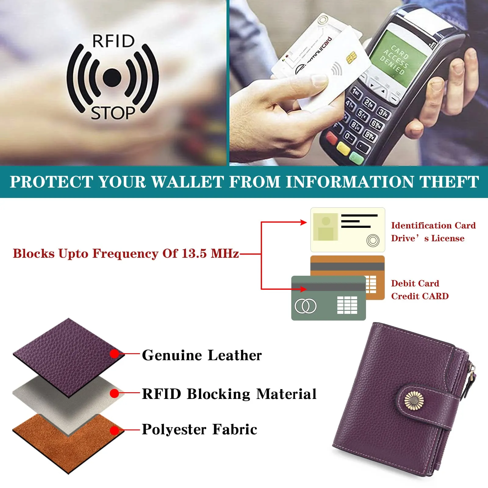 SENDEFN Portafoglio Donna Pelle con Bloccaggio RFID Piccolo Portamonete Donna, 10 Scomparti per Carte con 2 Finestra di Identificazione e 1 Tasca con Cerniera - immagine 6
