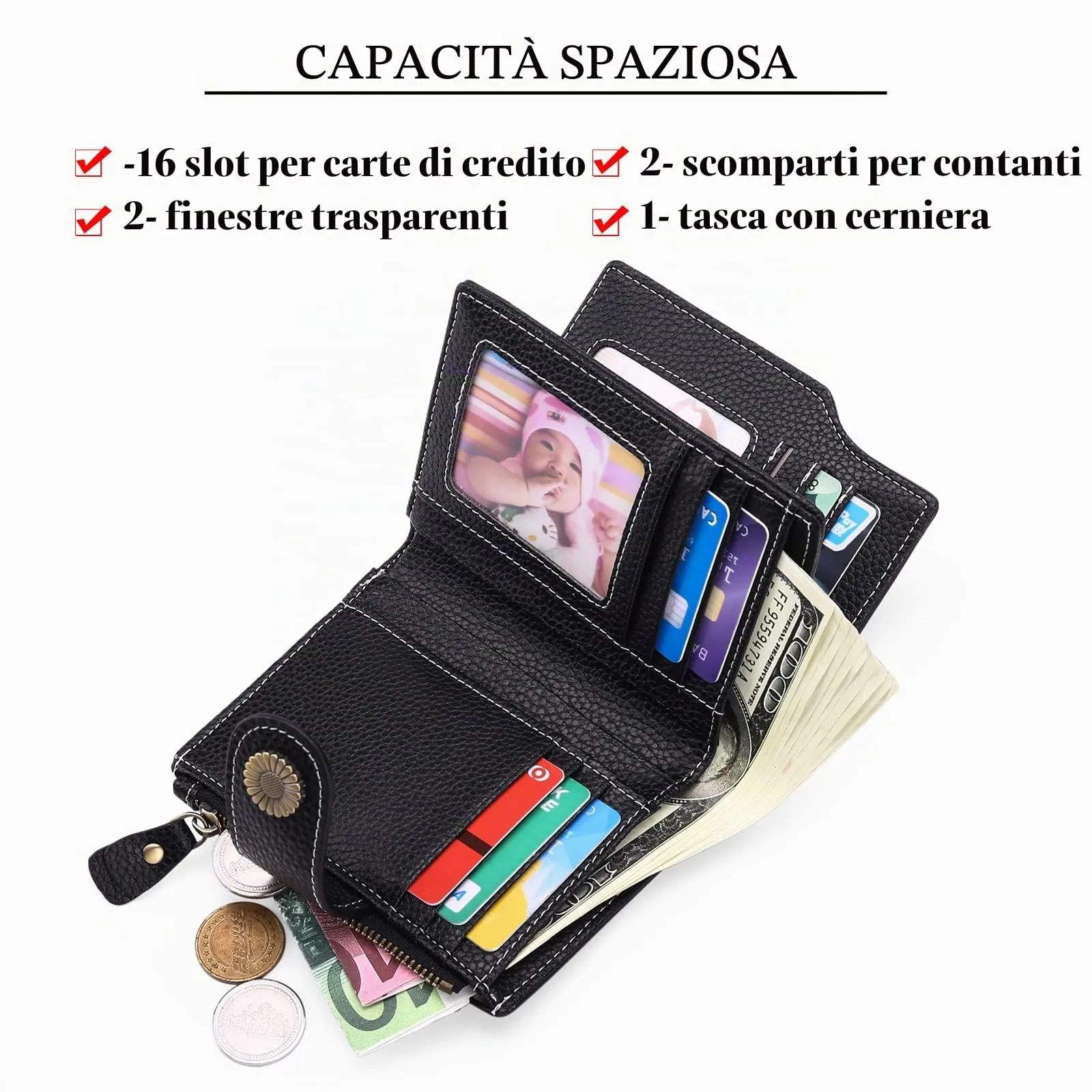 SENDEFN Portafoglio Donna Pelle con Bloccaggio RFID Piccolo Portamonete Donna, 10 Scomparti per Carte con 2 Finestra di Identificazione e 1 Tasca con Cerniera - immagine 2