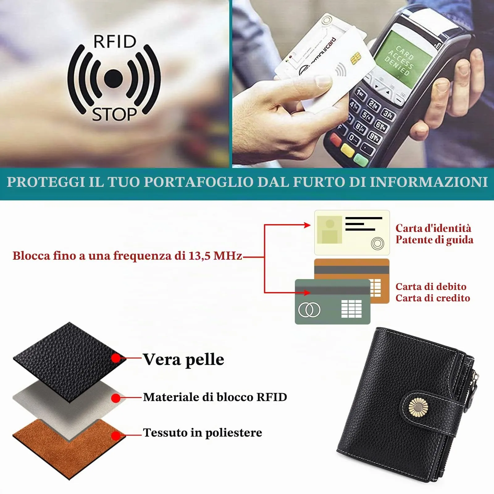 SENDEFN Portafoglio Donna Pelle con Bloccaggio RFID Piccolo Portamonete Donna, 10 Scomparti per Carte con 2 Finestra di Identificazione e 1 Tasca con Cerniera - immagine 5