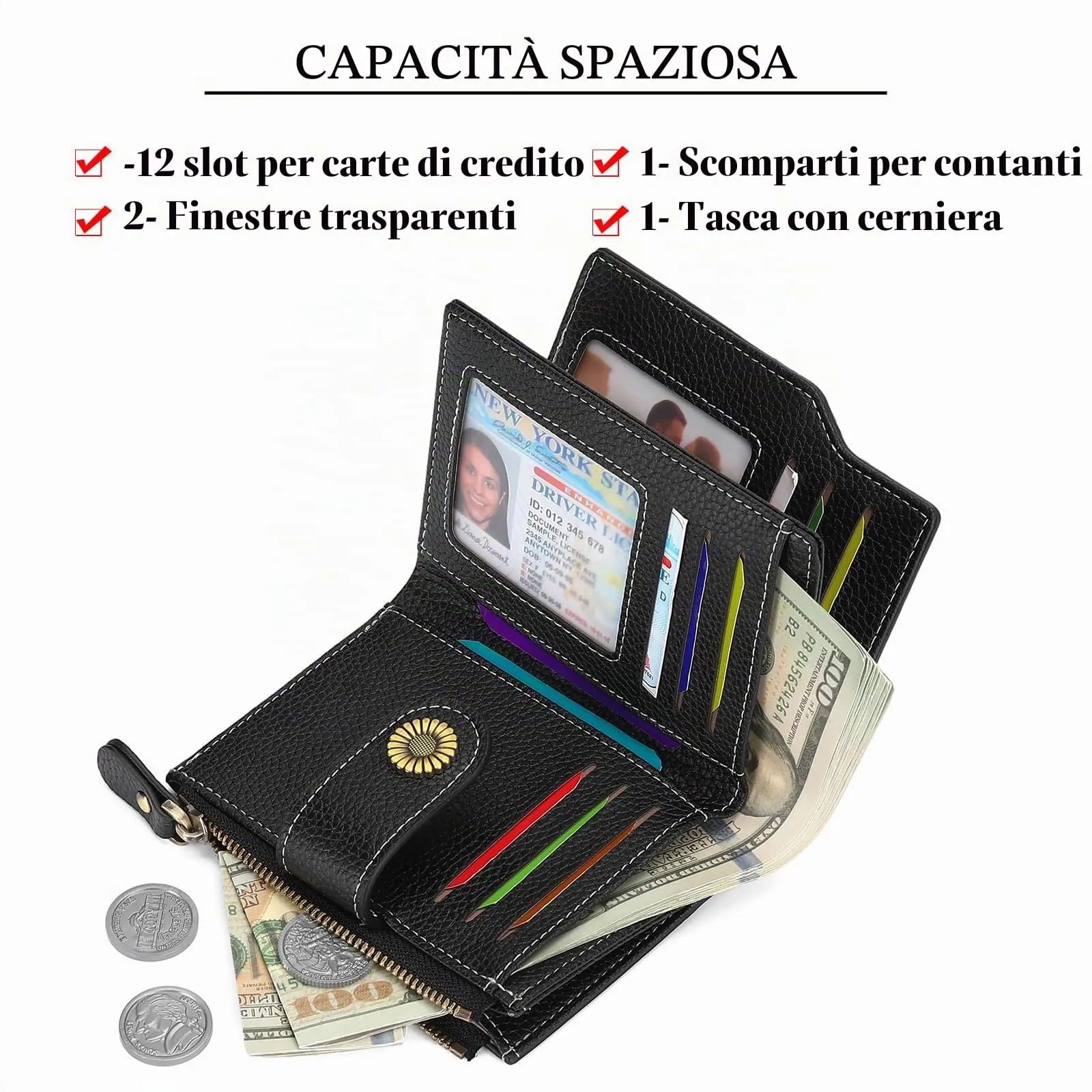 SENDEFN Portafoglio Donna Pelle con Bloccaggio RFID Piccolo Portamonete Donna, 10 Scomparti per Carte con 2 Finestra di Identificazione e 1 Tasca con Cerniera - immagine 6