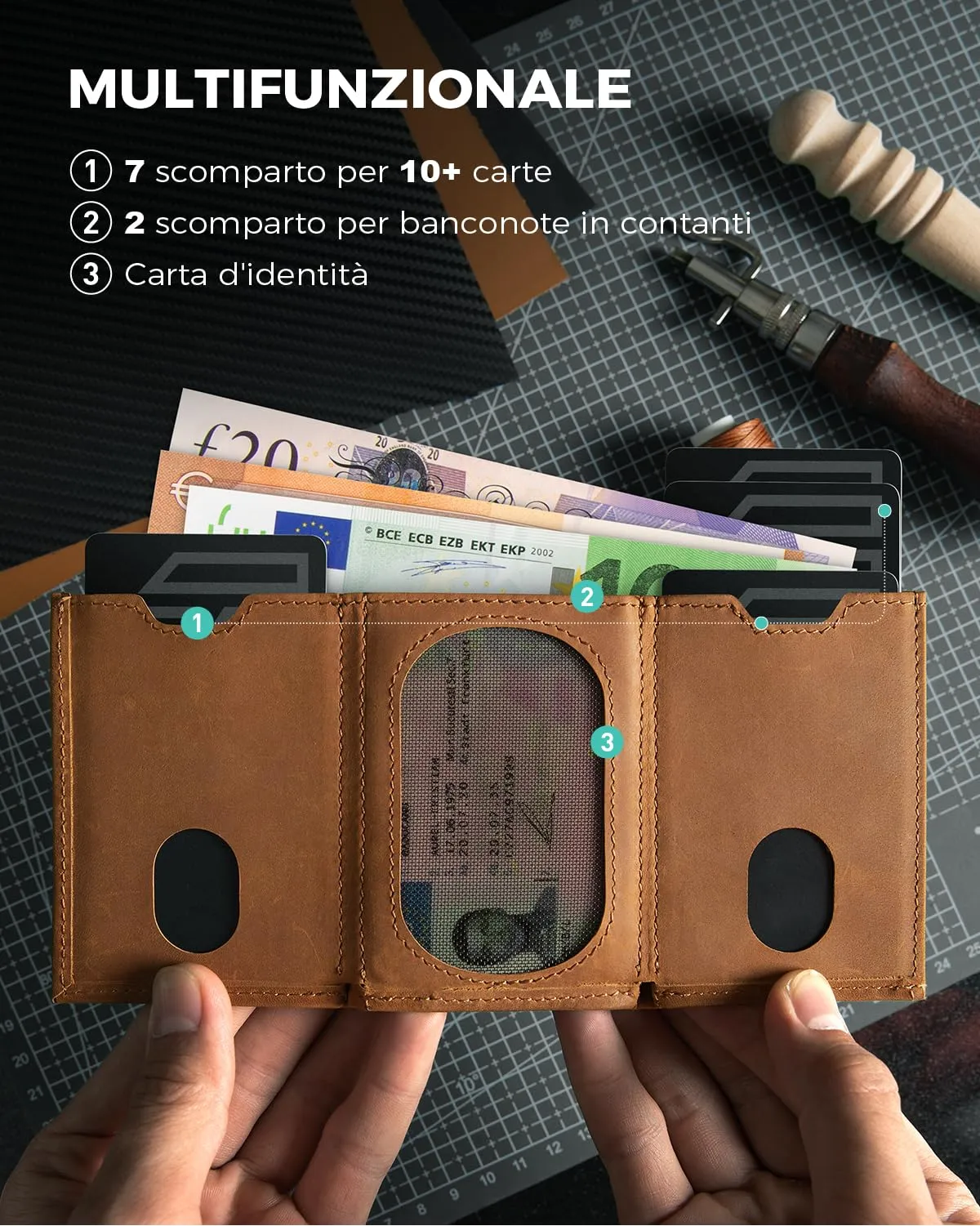 DODENSHA, Portafoglio sottile, in vera pelle, minimalista, da uomo, con blocco RFID, tripla piegatura, 10 scomparti per carte e 2 per banconote, finestra documento, portamonete, con confezione regalo, - immagine 2