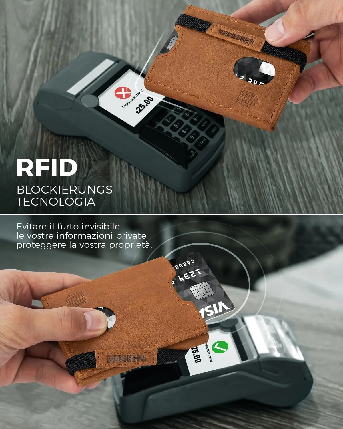 DODENSHA, Portafoglio sottile, in vera pelle, minimalista, da uomo, con blocco RFID, tripla piegatura, 10 scomparti per carte e 2 per banconote, finestra documento, portamonete, con confezione regalo, - immagine 5