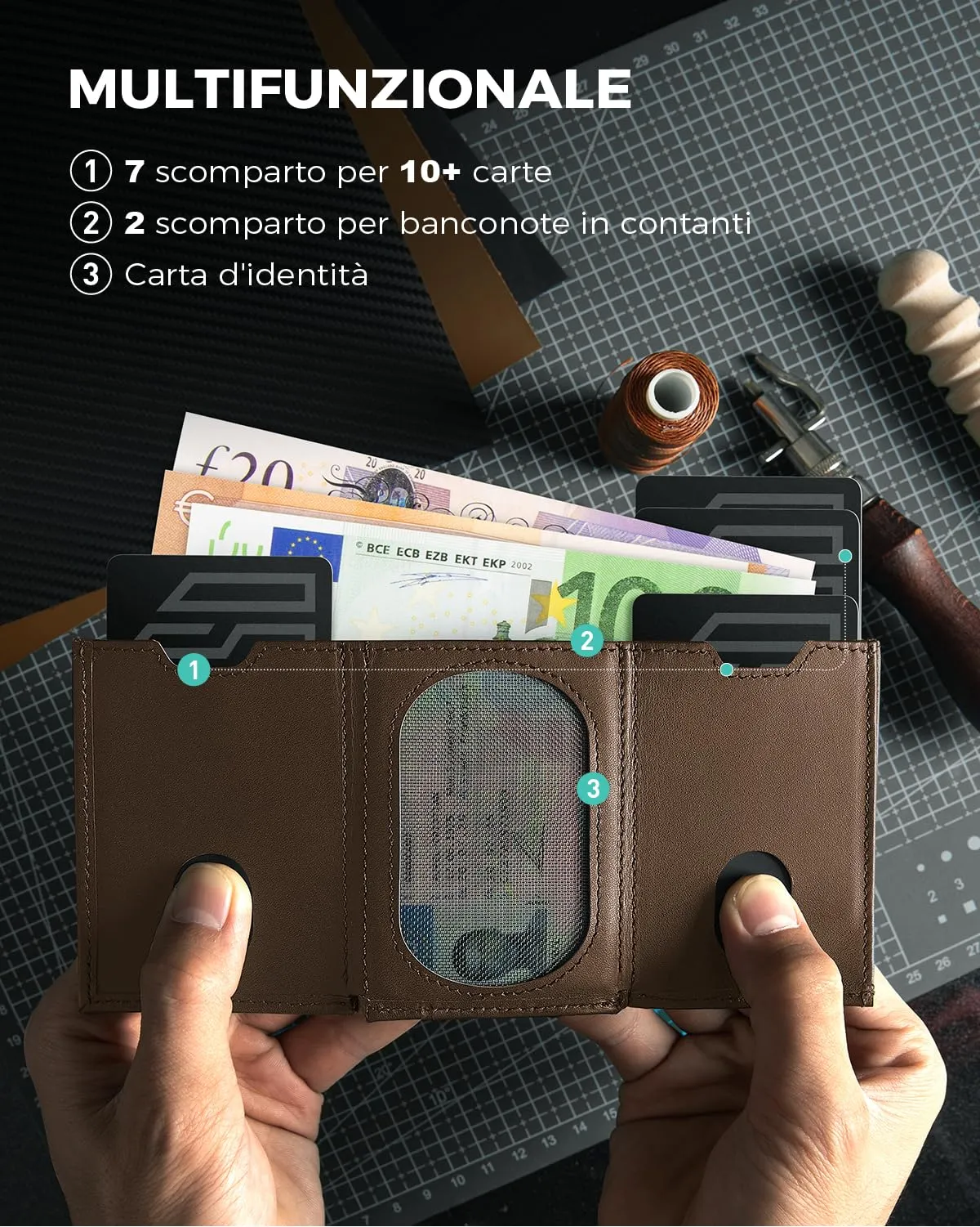 DODENSHA Portafoglio Pelle Uomo Portafoglio Piccolo Sottile Portafoglio Compatto Uomo Portafoglio Slim Uomo Blocco RFID con 7 Porta Carte di Credito, 2 Separato Porta Banconote, ID (Marrone scuro) - immagine 2