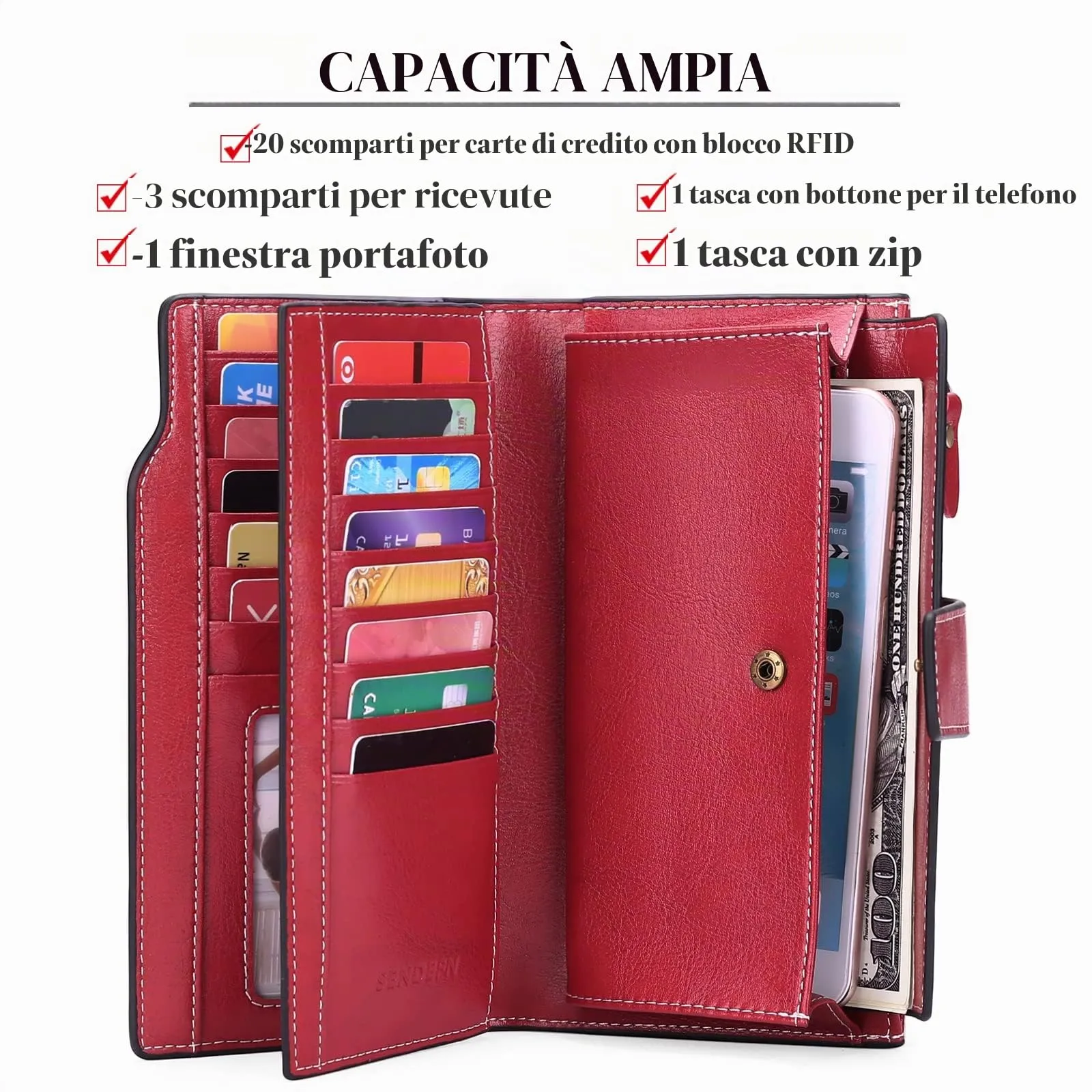 SENDEFN Portafoglio Donna Grande Capacità Pelle RFID Portamonete Donna,con 20 Titolari di Carta Cerniera Portafoglio - immagine 2