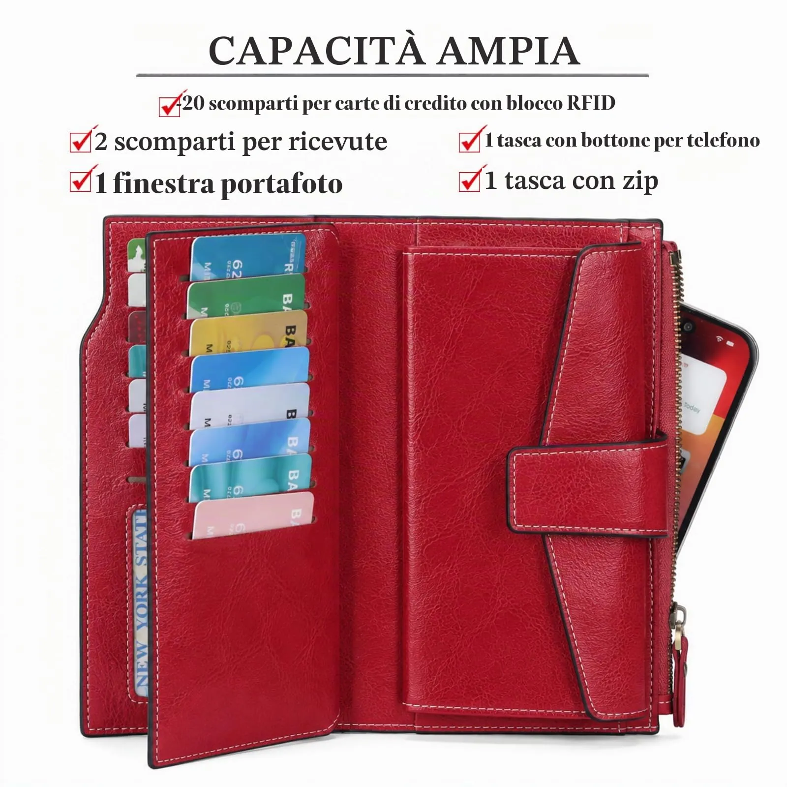 SENDEFN Portafoglio Donna Grande Capacità Pelle RFID Portamonete Donna,con 20 Titolari di Carta Cerniera Portafoglio - immagine 9