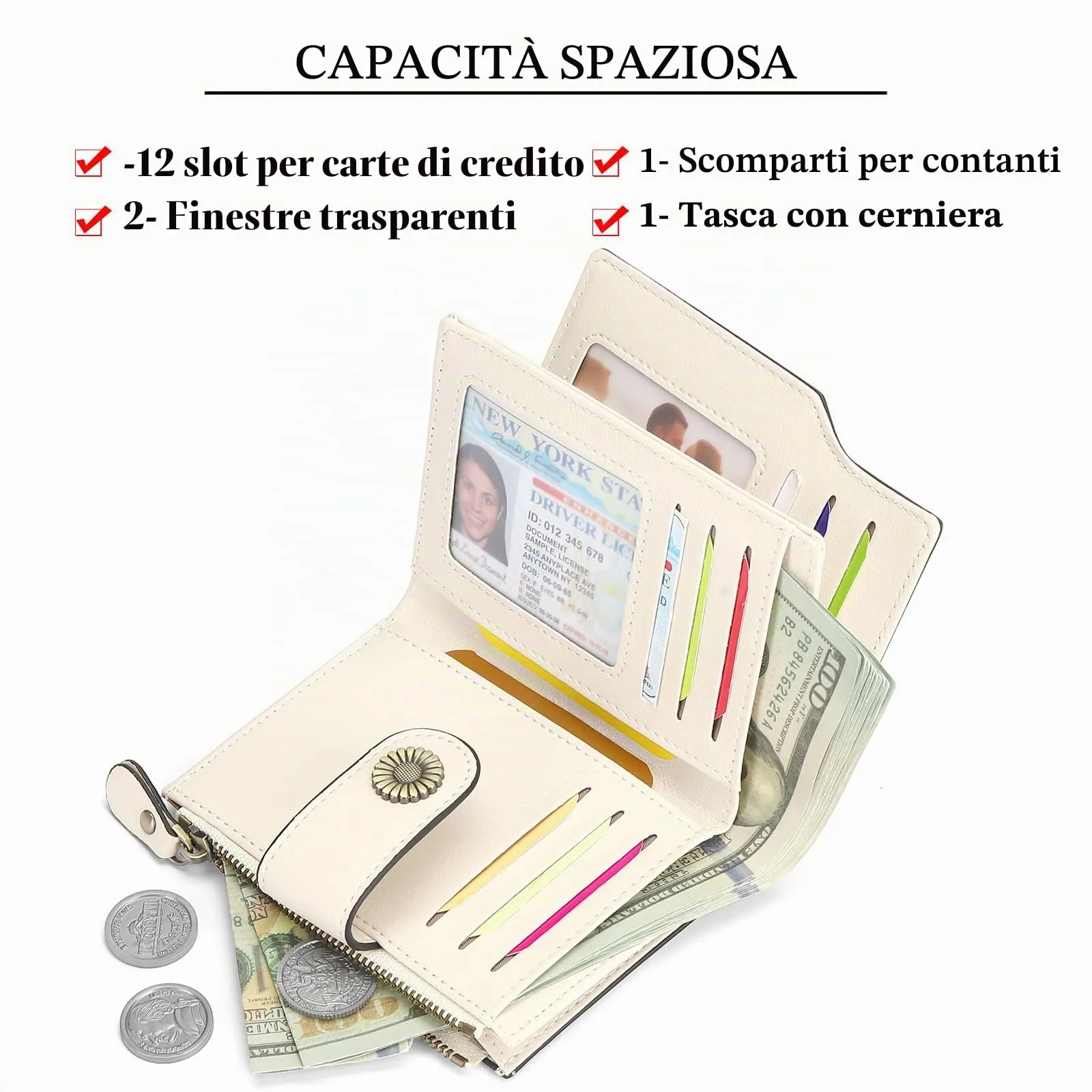 SENDEFN Portafoglio Donna Pelle con Bloccaggio RFID Piccolo Portamonete Donna, 10 Scomparti per Carte con 2 Finestra di Identificazione e 1 Tasca con Cerniera - immagine 5