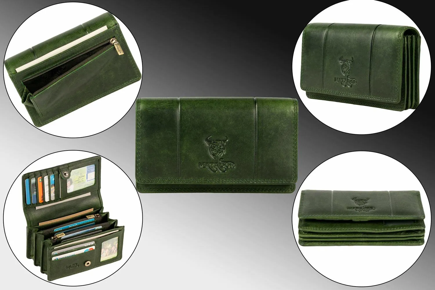 Matador Portafoglio Donna Grande in Vera Pelle RFID, Verde Scuro - immagine 2