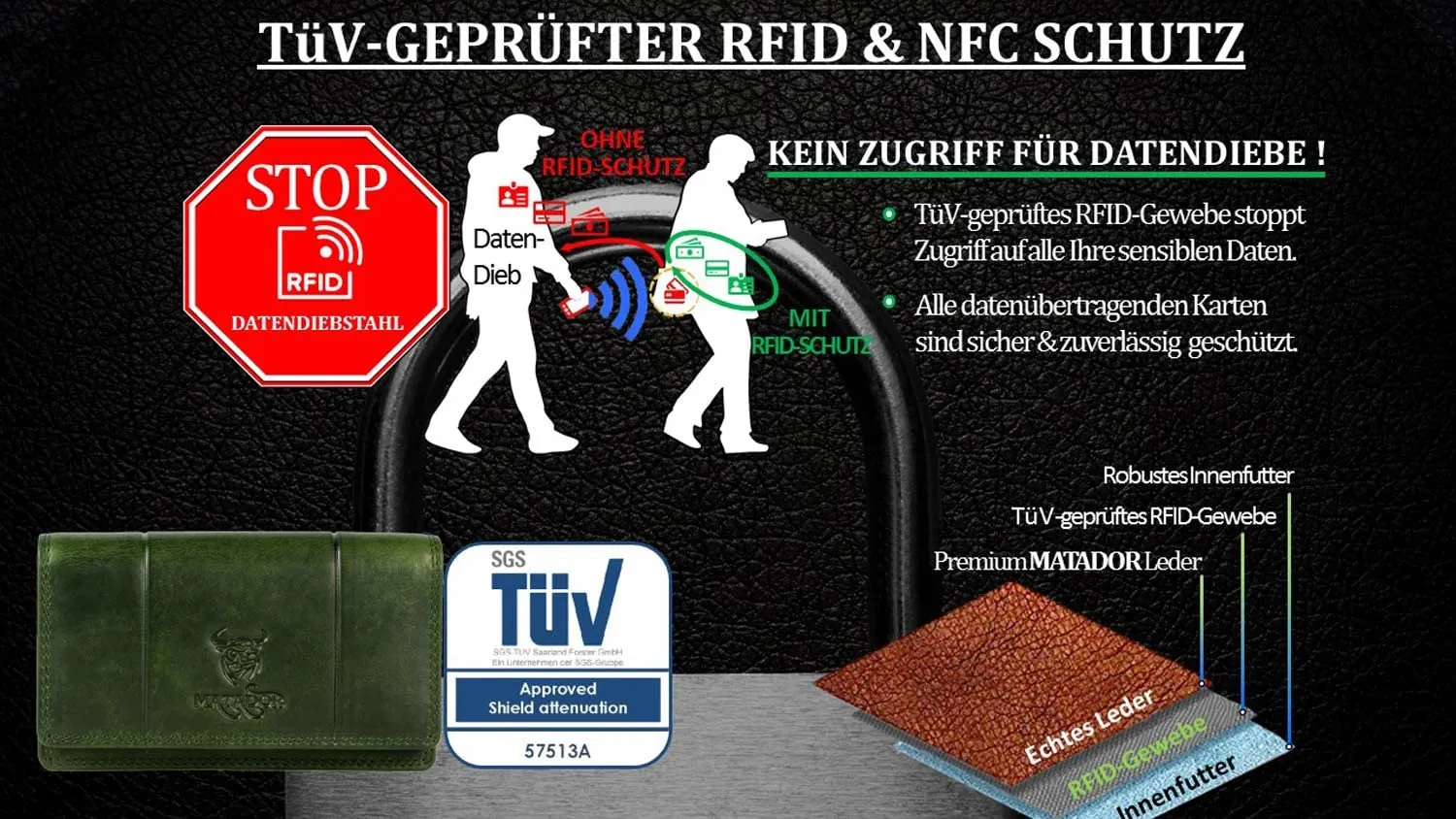 Matador Portafoglio Donna Grande in Vera Pelle RFID, Verde Scuro - immagine 6