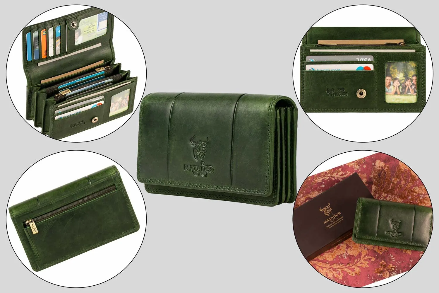 Matador Portafoglio Donna Grande in Vera Pelle RFID, Verde Scuro - immagine 7