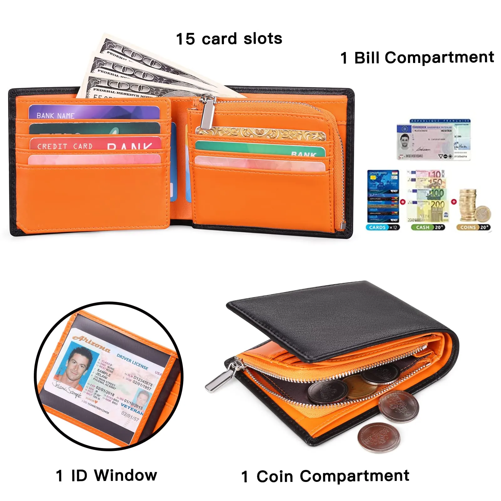 SENDEFN Portafoglio Uomo Vera Pelle, Portafoglio bi-Fold Uomo Portamonete, Blocco RFID Portafoglio per Uomo Con 15 Porta Carte di Credito - immagine 5