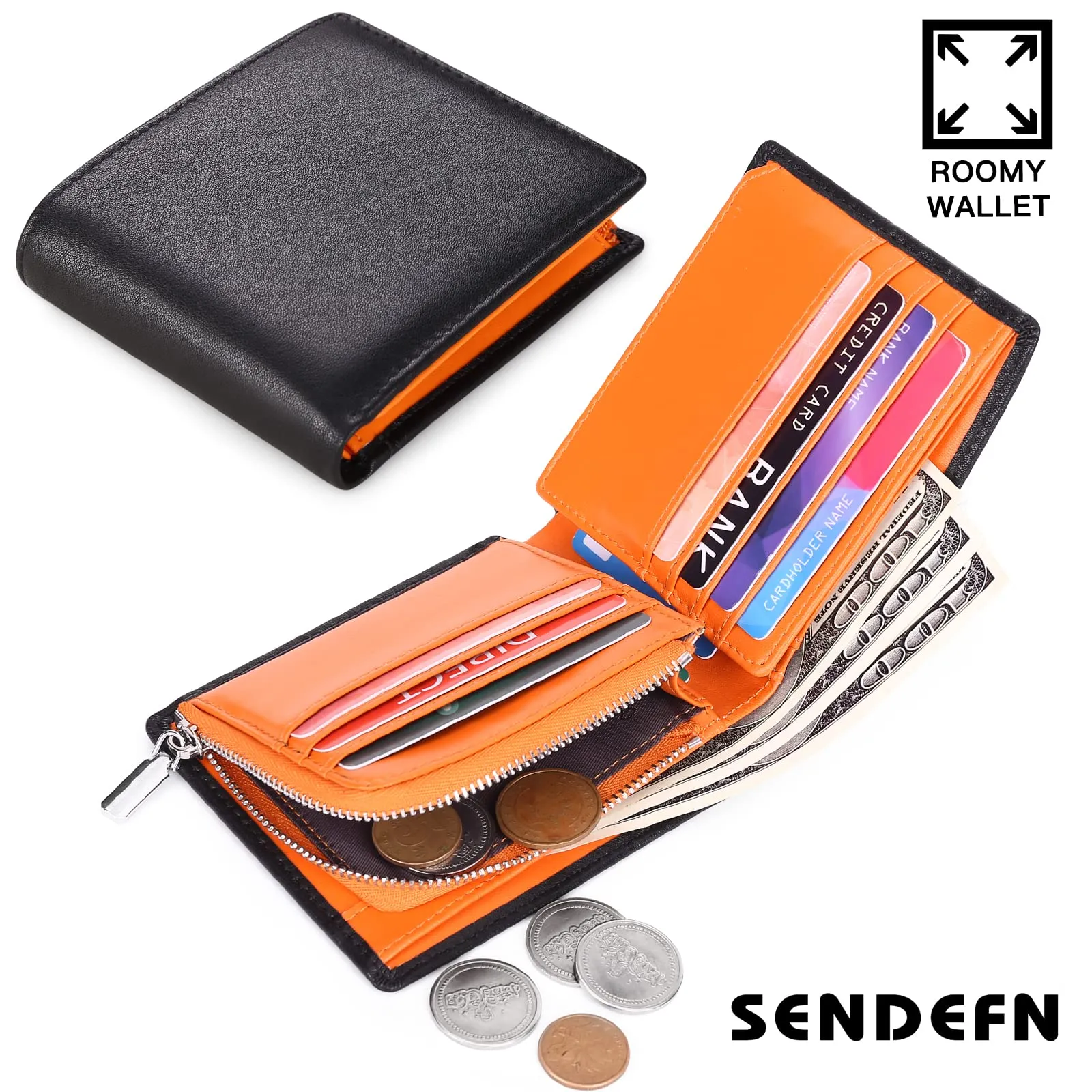 SENDEFN Portafoglio Uomo Vera Pelle, Portafoglio bi-Fold Uomo Portamonete, Blocco RFID Portafoglio per Uomo Con 15 Porta Carte di Credito - immagine 6